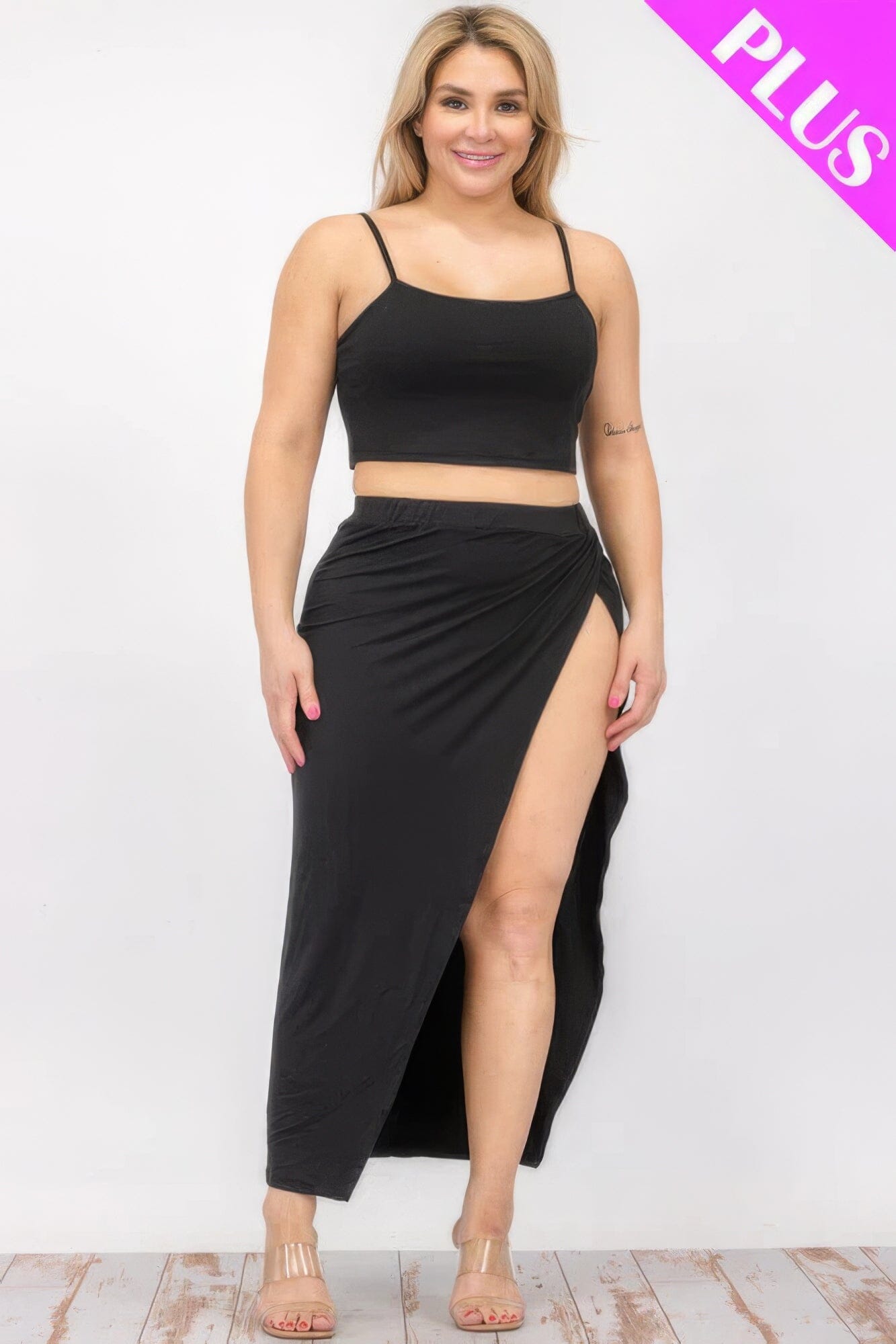 Plus Size Crop Cami & Split Thigh Maxi Skirt Set Outfit Sets jehouze Black 1XL