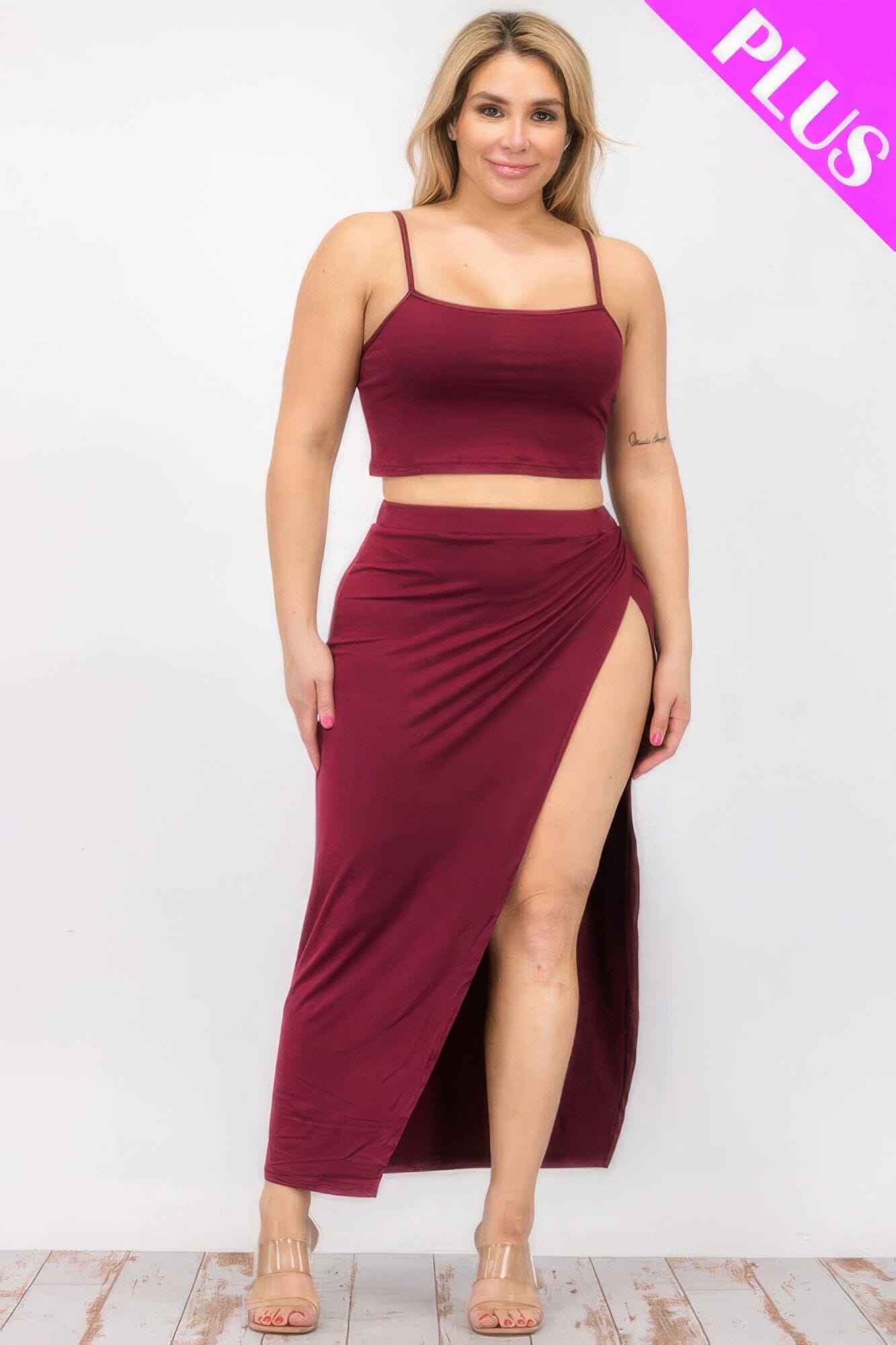 Plus Size Crop Cami & Split Thigh Maxi Skirt Set Outfit Sets jehouze Burgundy 1XL