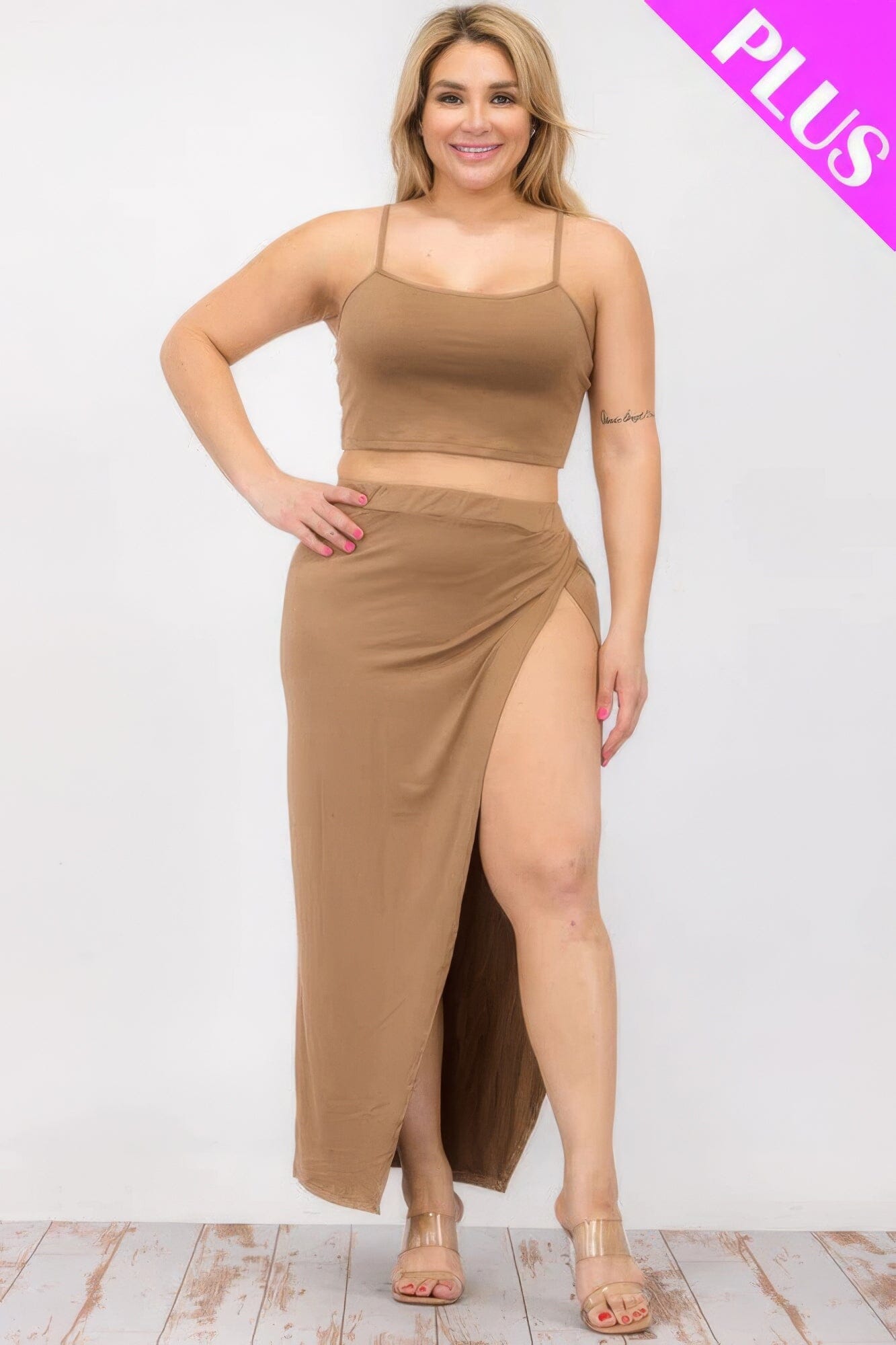 Plus Size Crop Cami & Split Thigh Maxi Skirt Set Outfit Sets jehouze Coca Mocha 1XL
