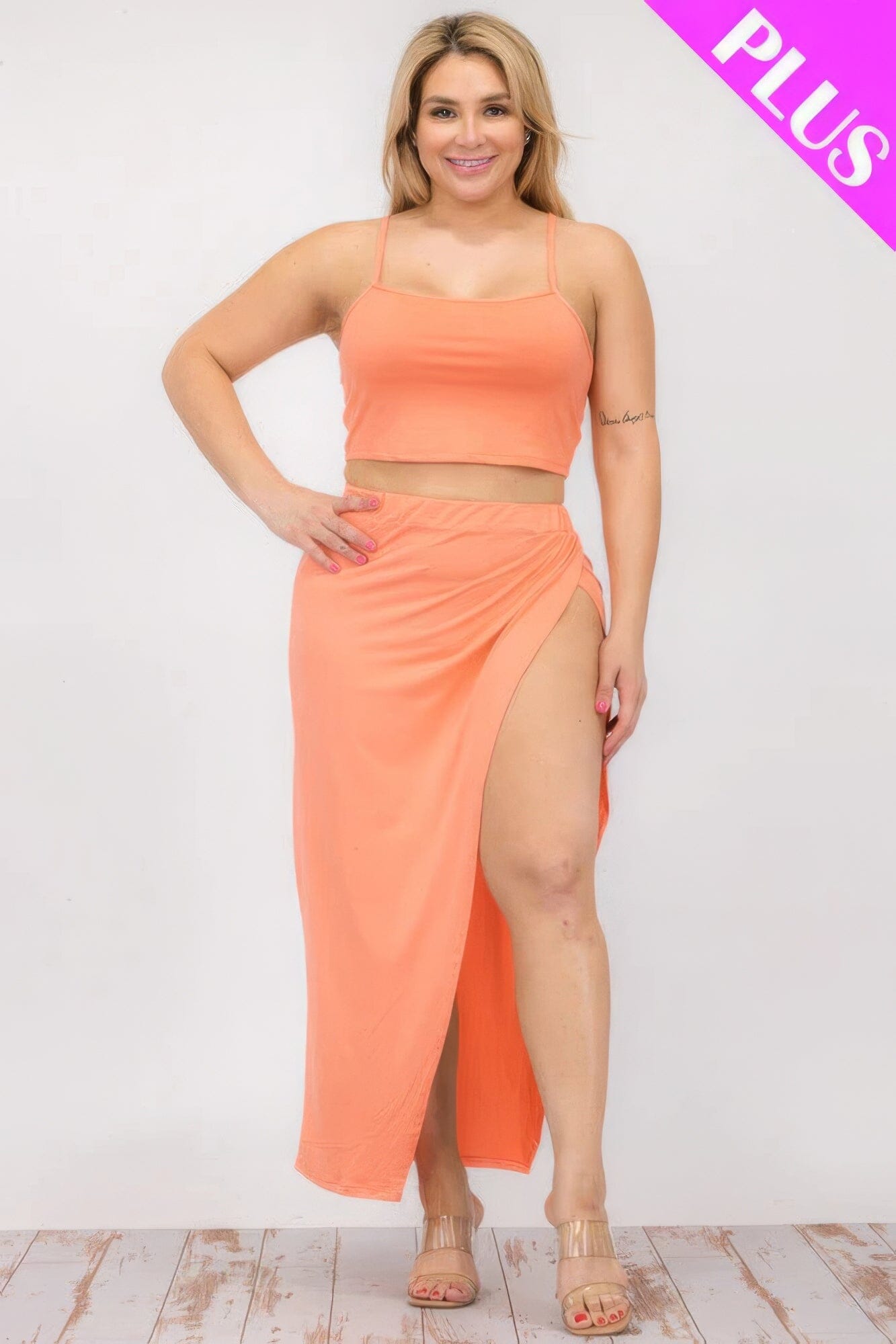 Plus Size Crop Cami & Split Thigh Maxi Skirt Set Outfit Sets jehouze Flamingo 1XL