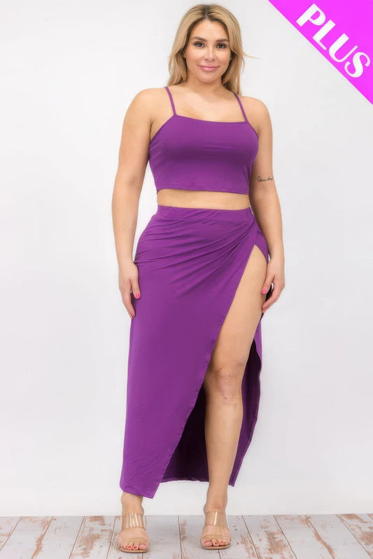 Plus Size Crop Cami & Split Thigh Maxi Skirt Set Outfit Sets jehouze Purple 1XL
