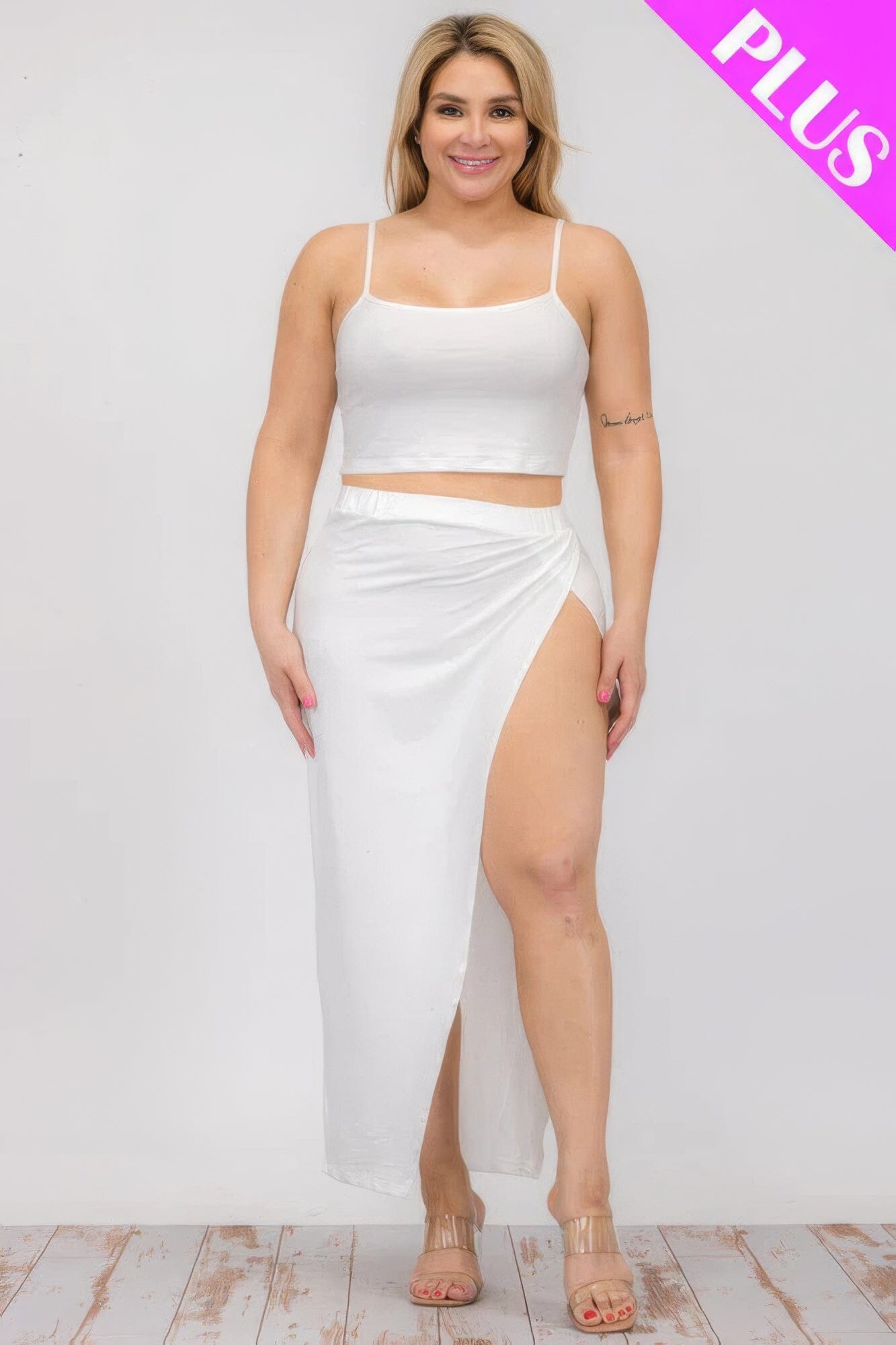Plus Size Crop Cami & Split Thigh Maxi Skirt Set Outfit Sets jehouze White 1XL