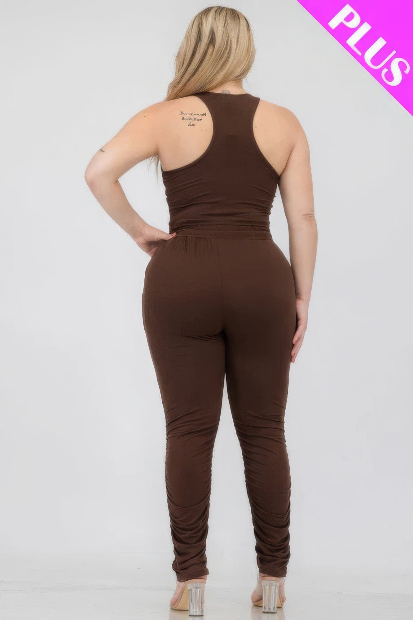 Plus Size Crop Tank Top & Ruched Pants Set Activewear jehouze