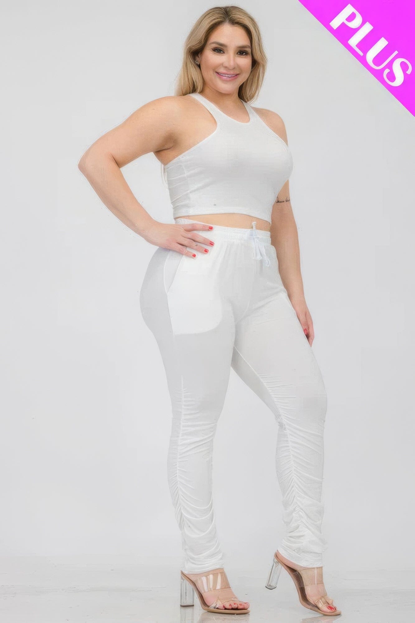 Plus Size Crop Tank Top & Ruched Pants Set Activewear jehouze