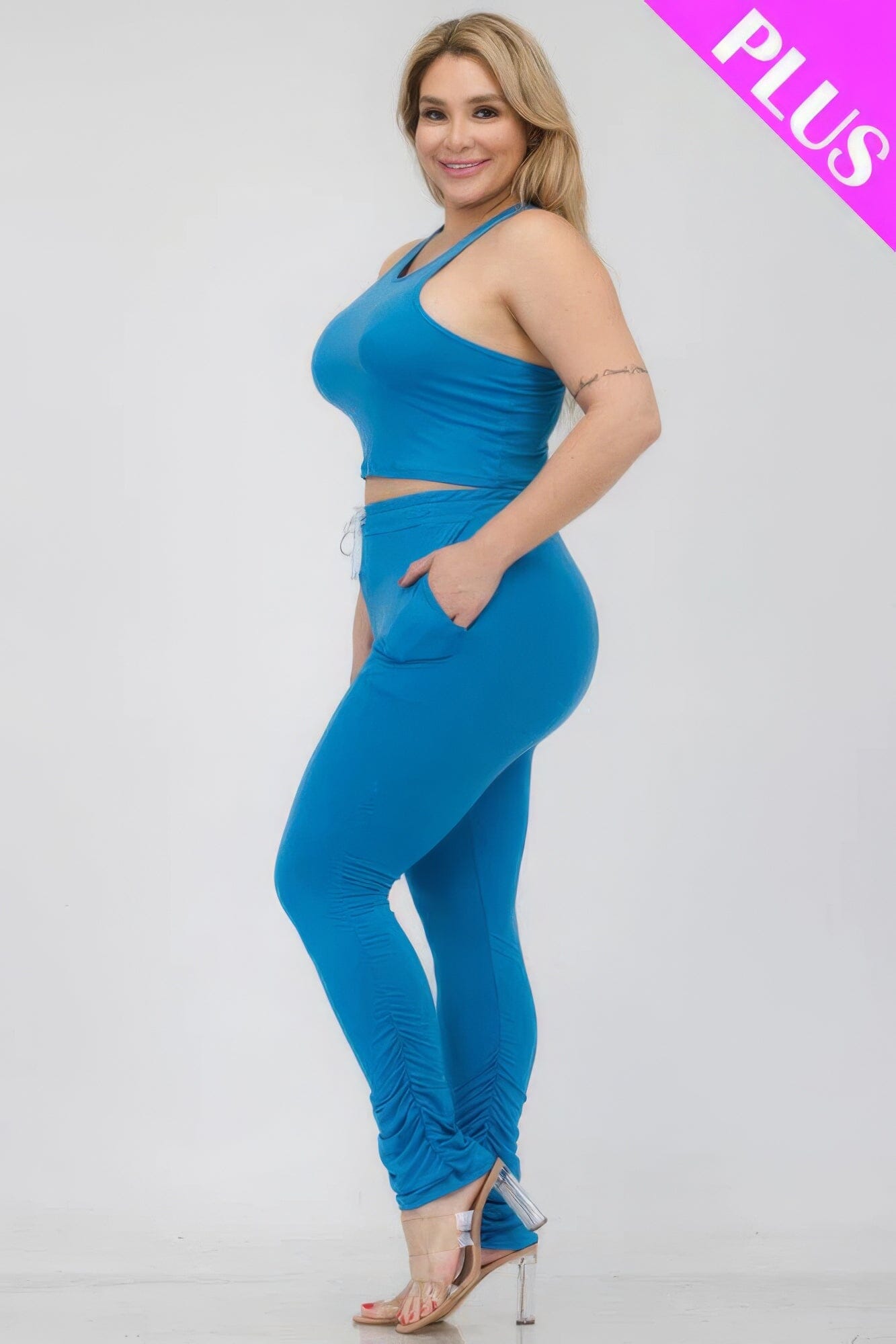 Plus Size Crop Tank Top & Ruched Pants Set Activewear jehouze