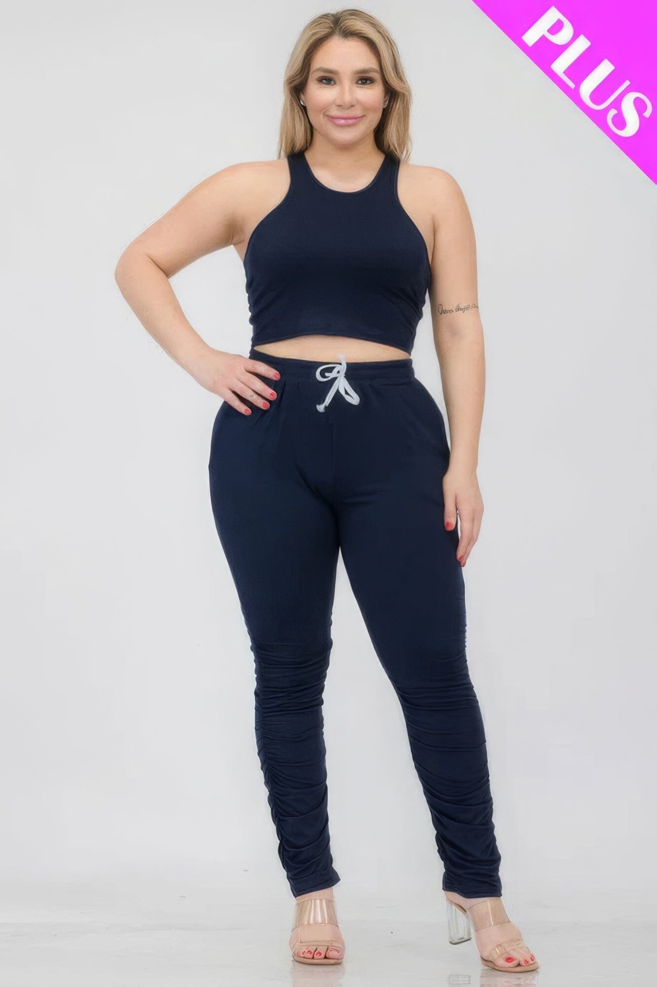 Plus Size Crop Tank Top & Ruched Pants Set Activewear jehouze