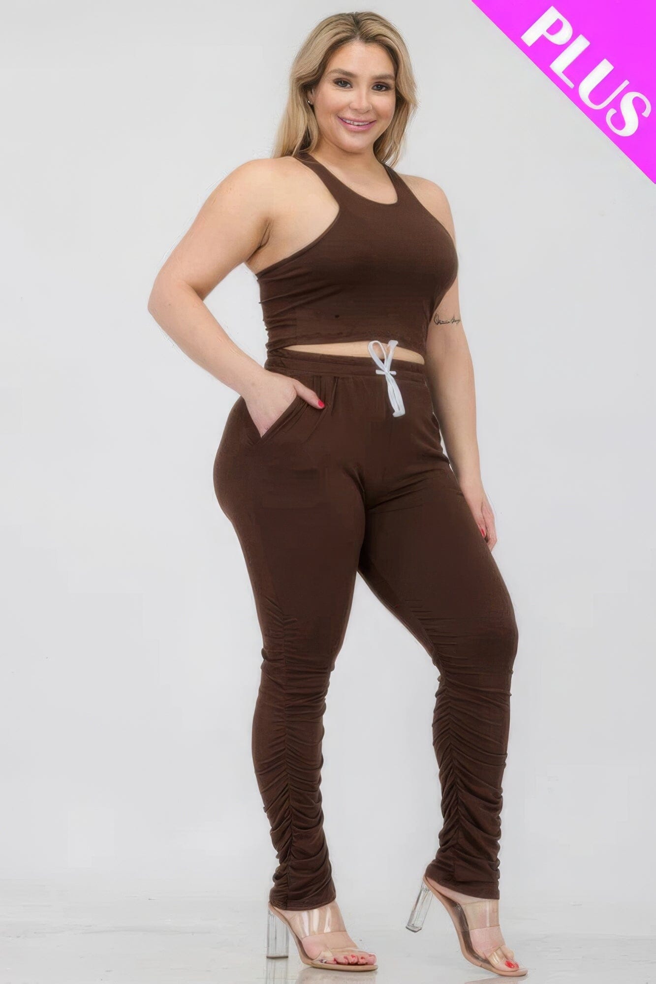 Plus Size Crop Tank Top & Ruched Pants Set Activewear jehouze