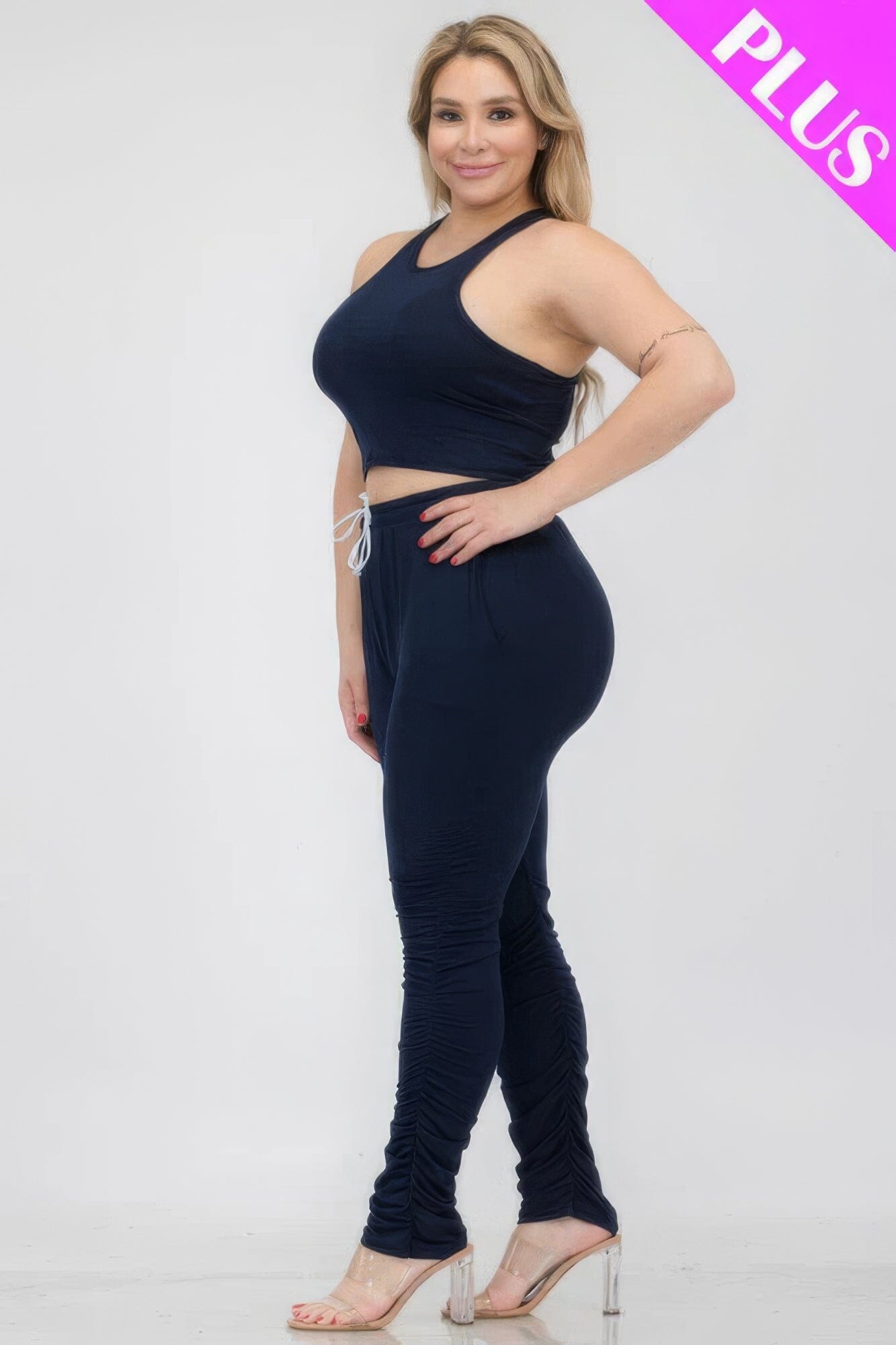Plus Size Crop Tank Top & Ruched Pants Set Activewear jehouze