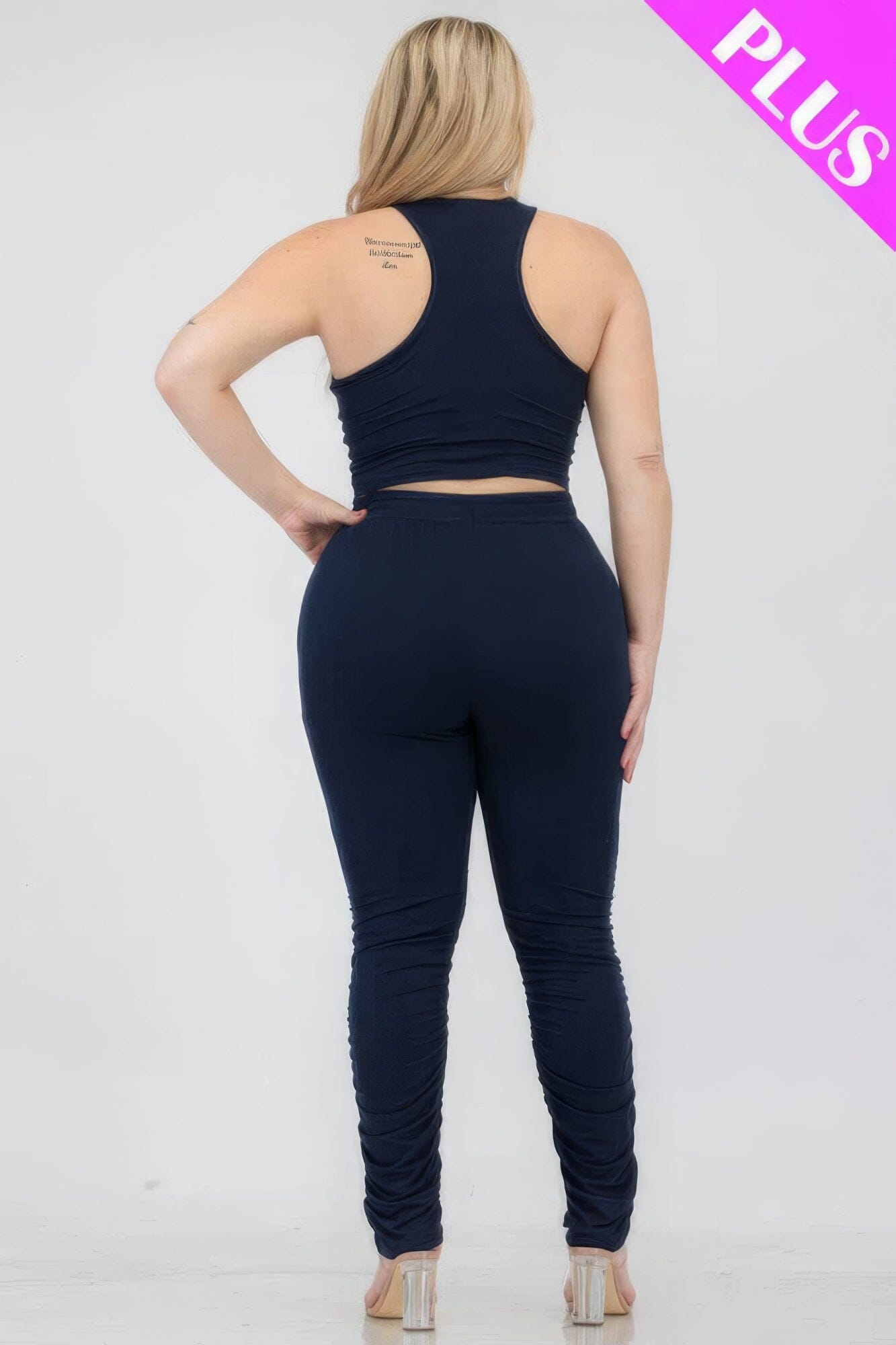 Plus Size Crop Tank Top & Ruched Pants Set Activewear jehouze