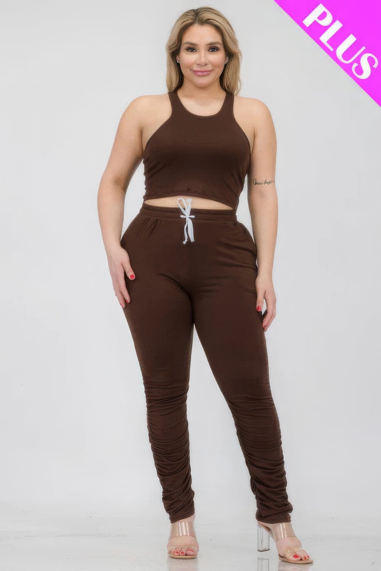 Plus Size Crop Tank Top & Ruched Pants Set Activewear jehouze