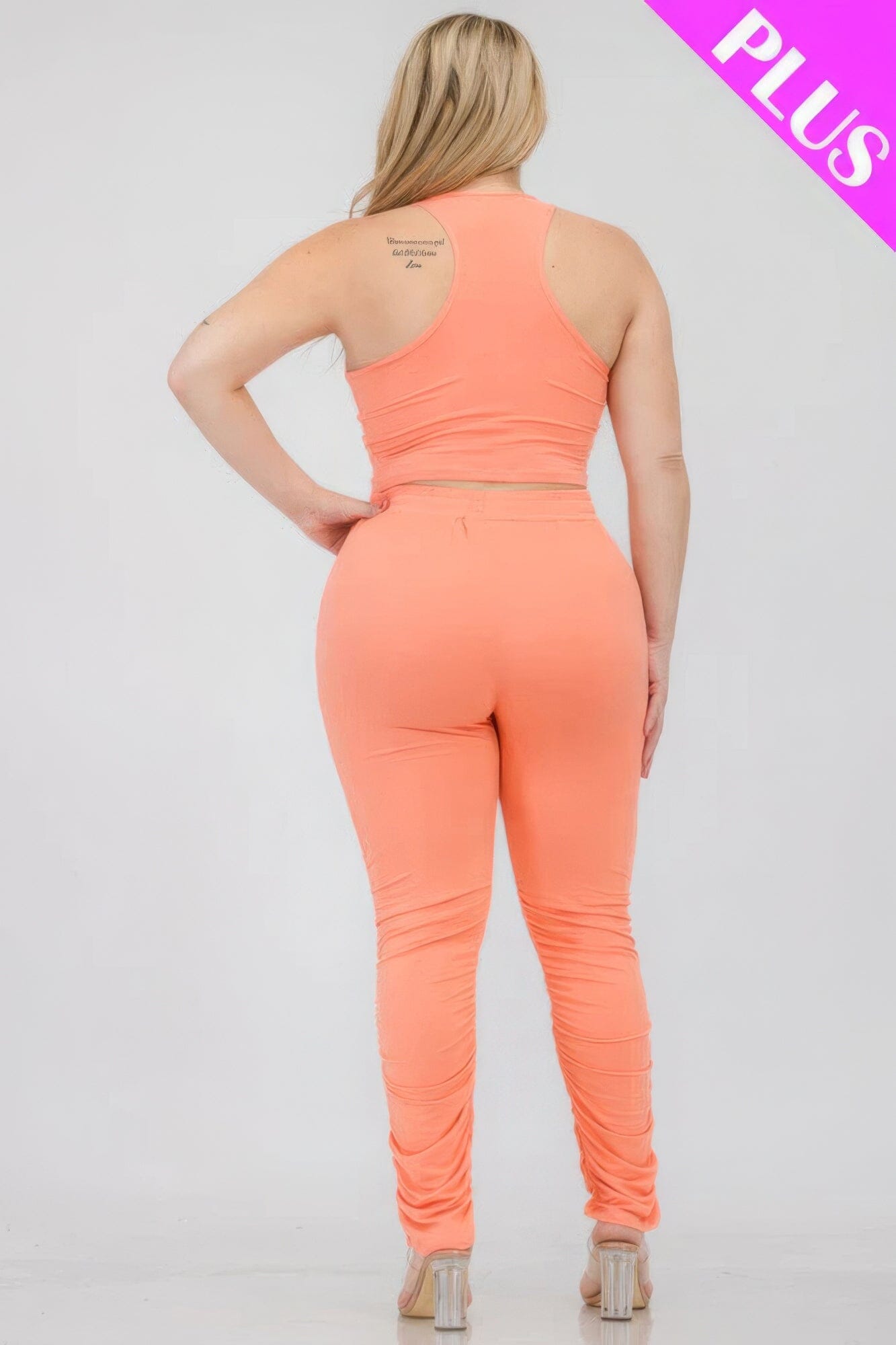 Plus Size Crop Tank Top & Ruched Pants Set Activewear jehouze