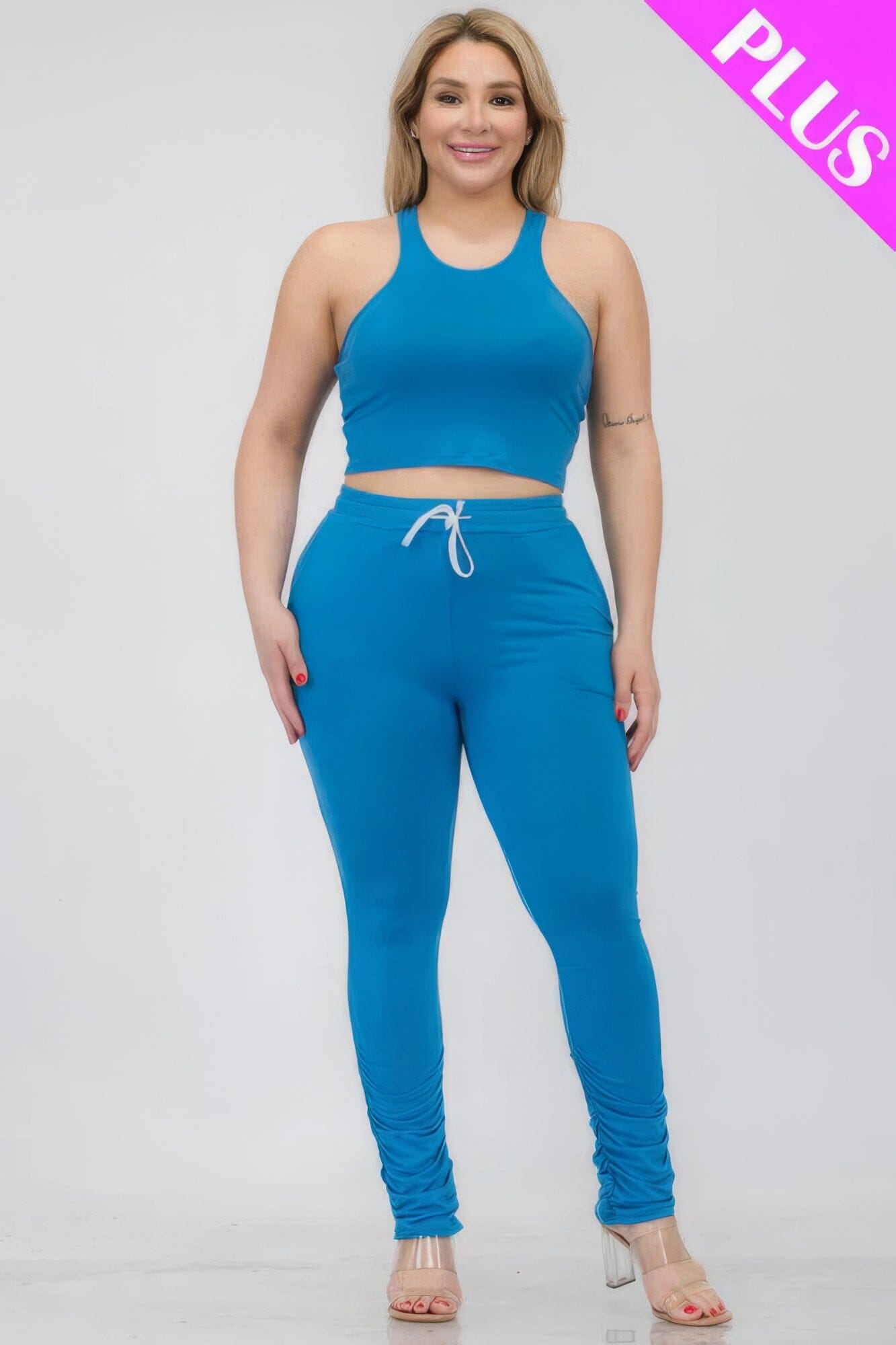 Plus Size Crop Tank Top & Ruched Pants Set Activewear jehouze