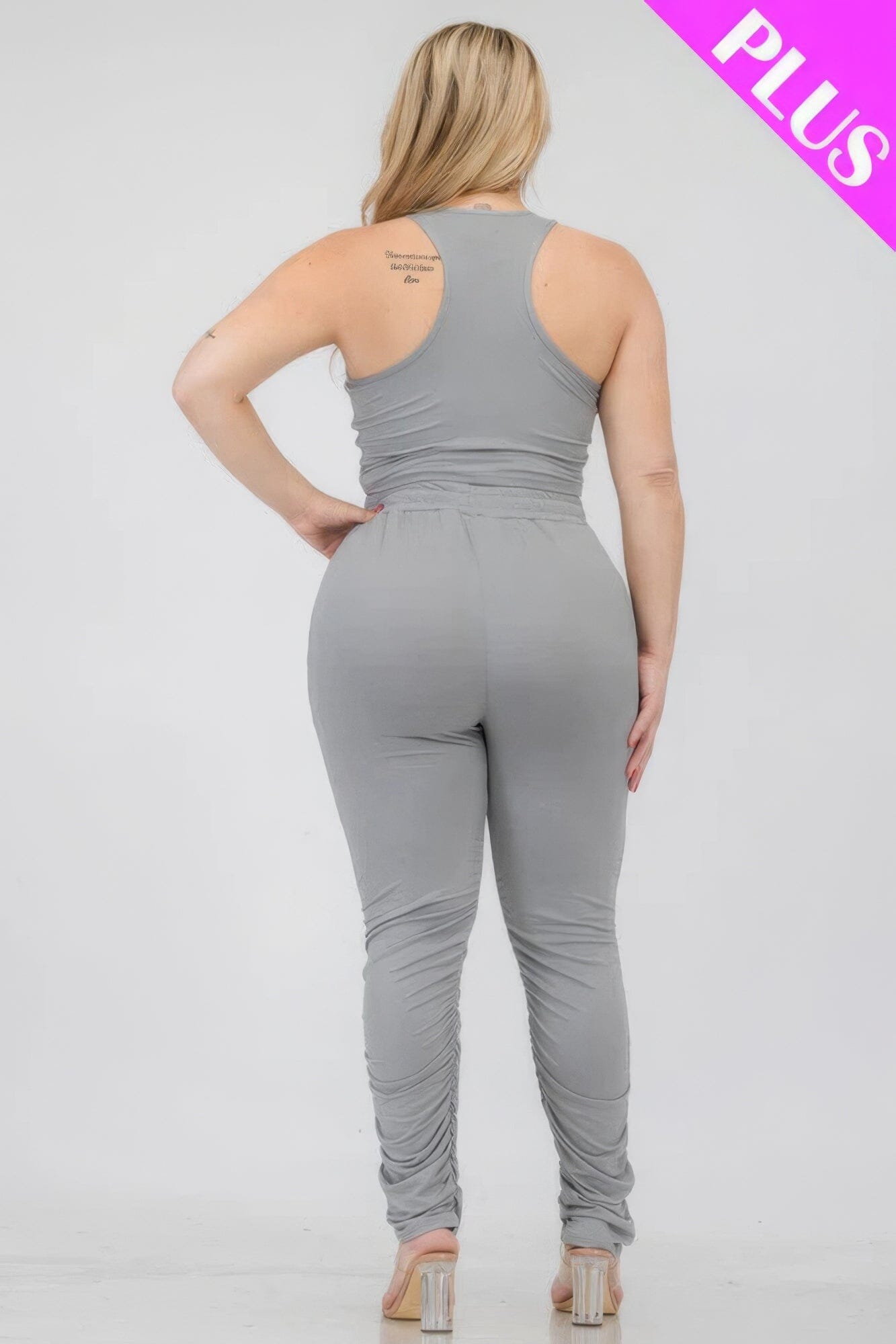 Plus Size Crop Tank Top & Ruched Pants Set Activewear jehouze