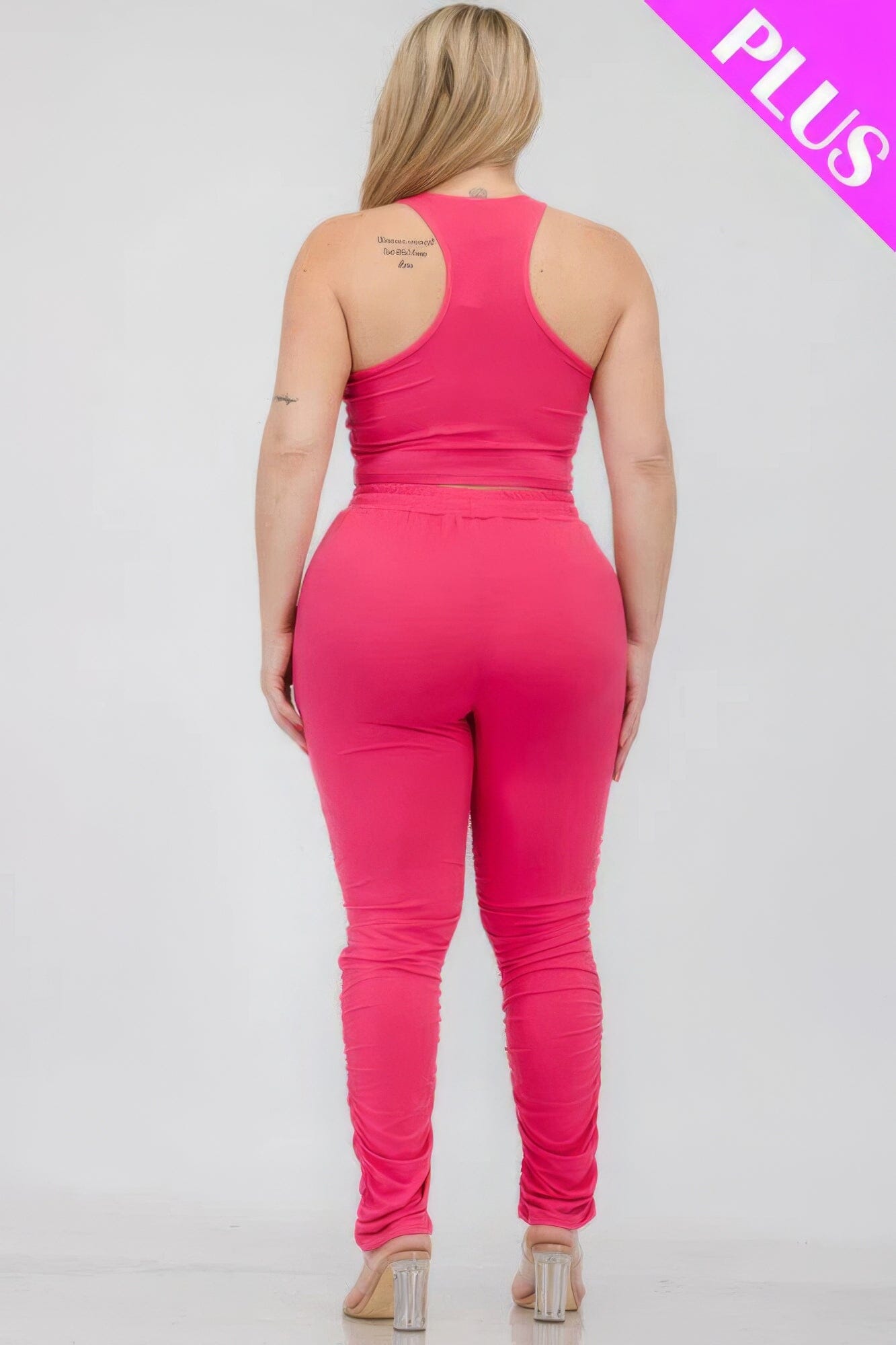 Plus Size Crop Tank Top & Ruched Pants Set Activewear jehouze