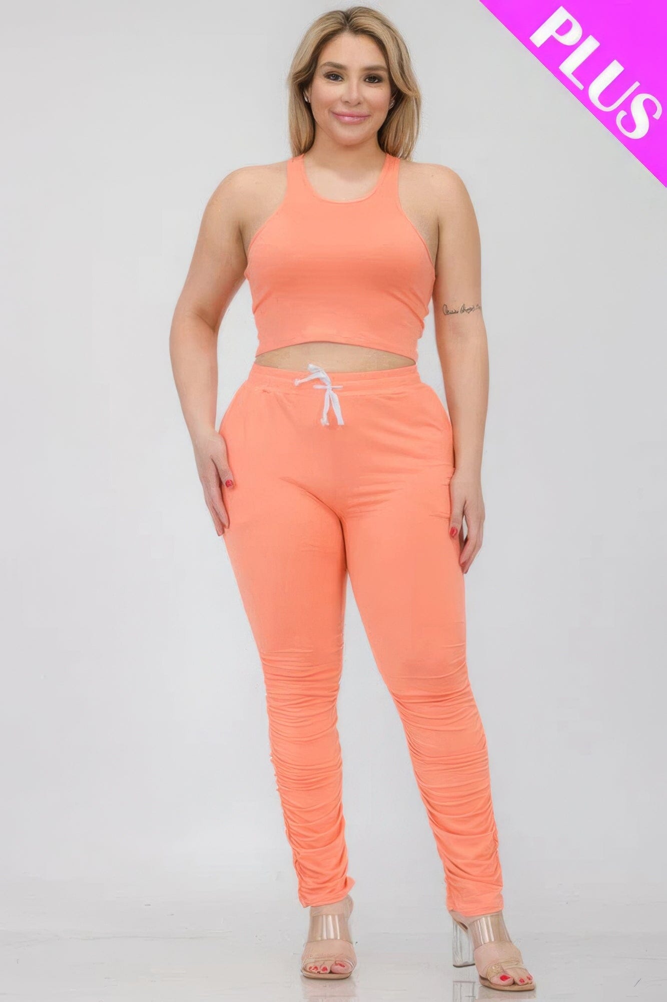 Plus Size Crop Tank Top & Ruched Pants Set Activewear jehouze