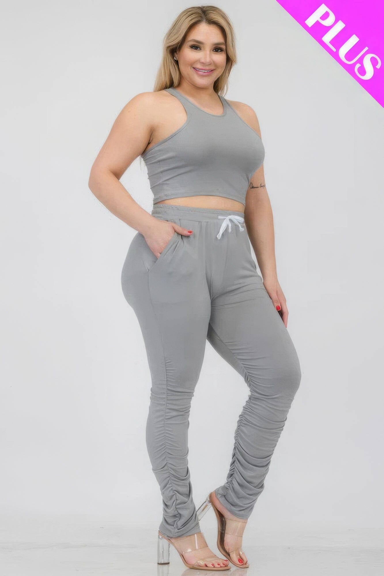 Plus Size Crop Tank Top & Ruched Pants Set Activewear jehouze