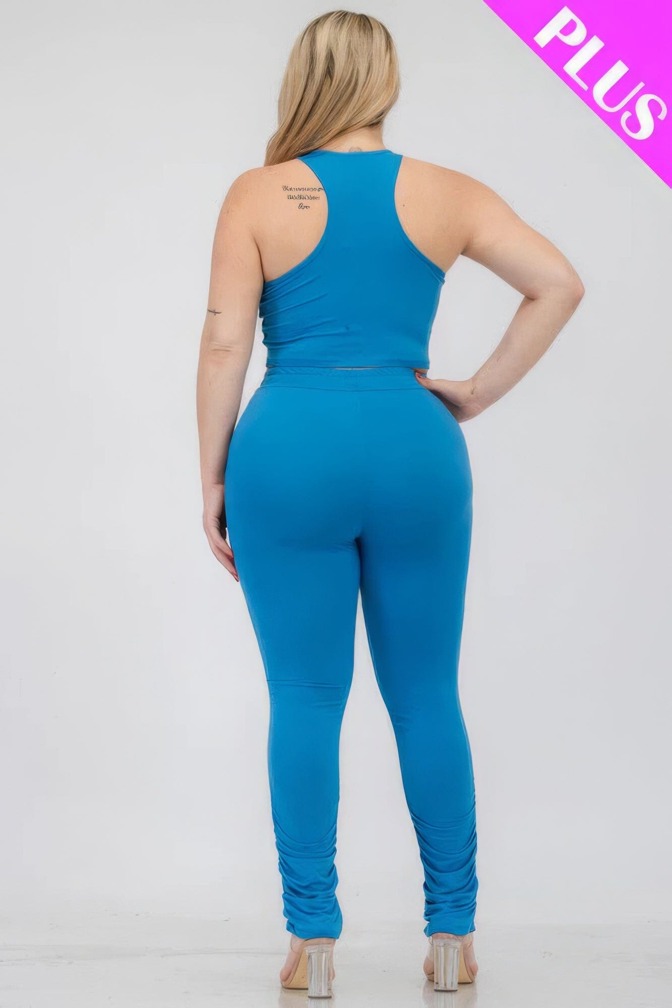 Plus Size Crop Tank Top & Ruched Pants Set Activewear jehouze
