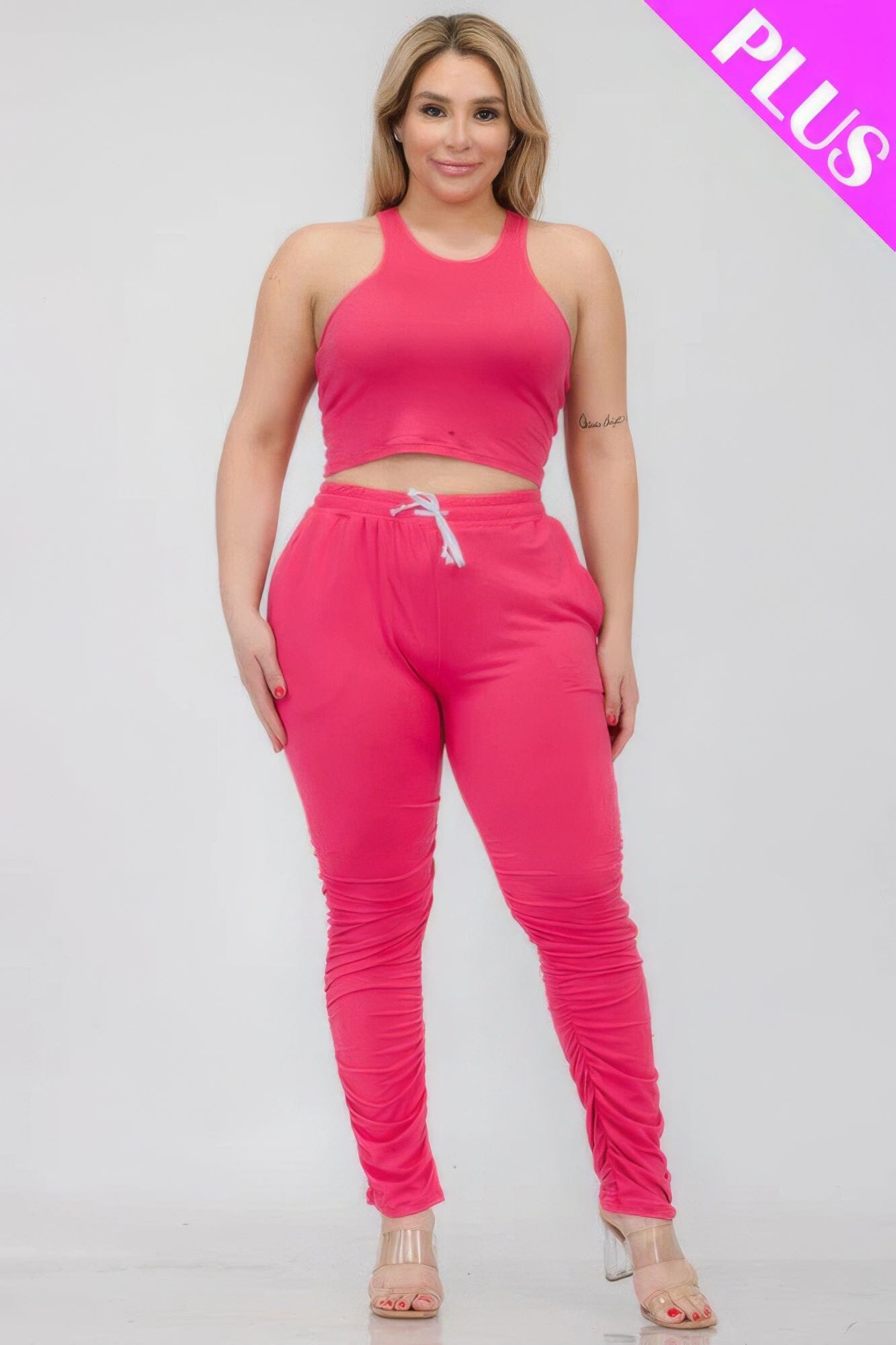Plus Size Crop Tank Top & Ruched Pants Set Activewear jehouze