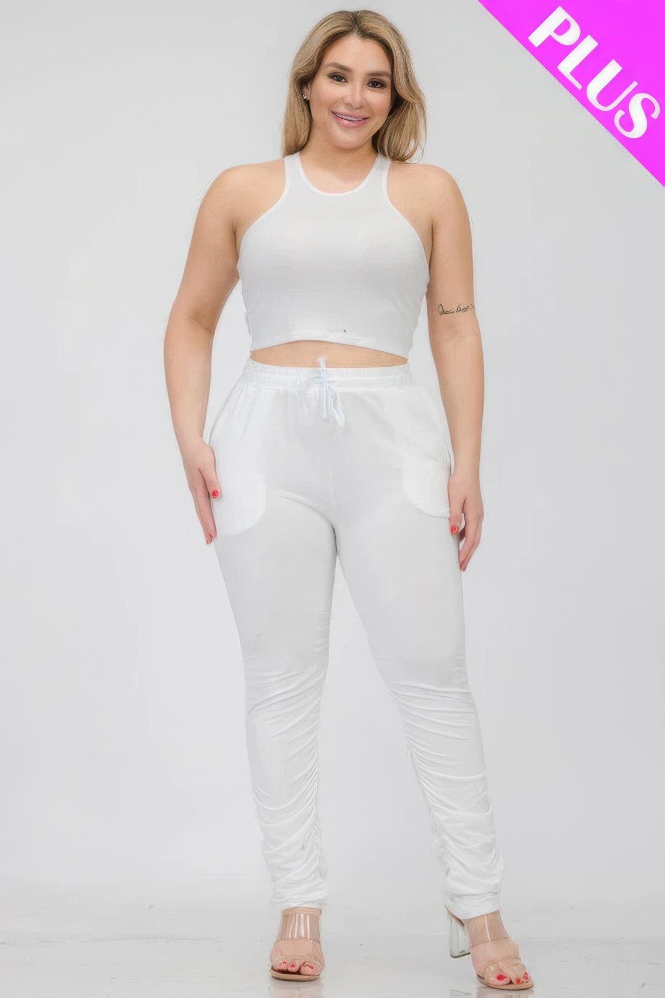 Plus Size Crop Tank Top & Ruched Pants Set Activewear jehouze