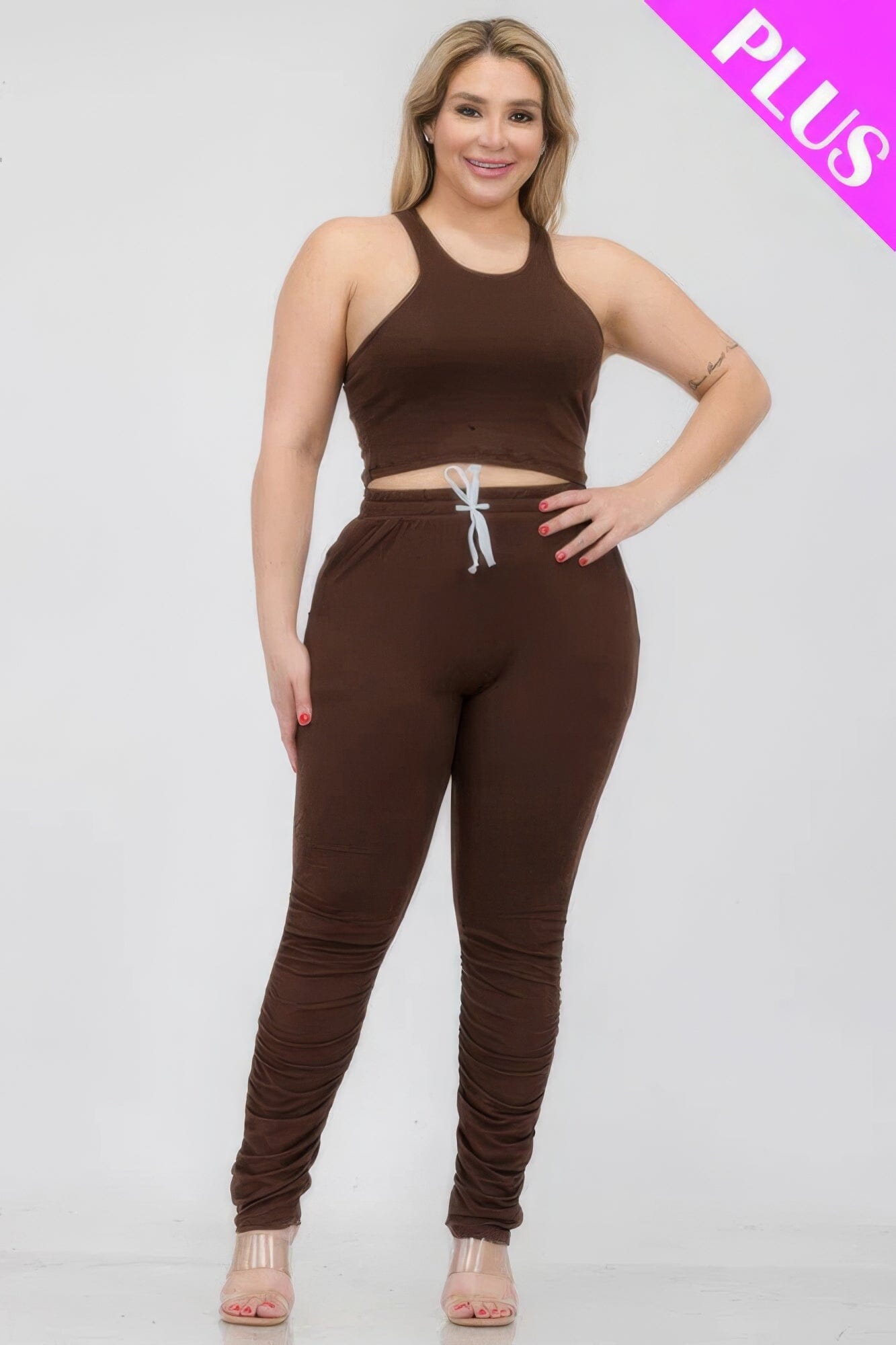 Plus Size Crop Tank Top & Ruched Pants Set Activewear jehouze Coffee 1XL