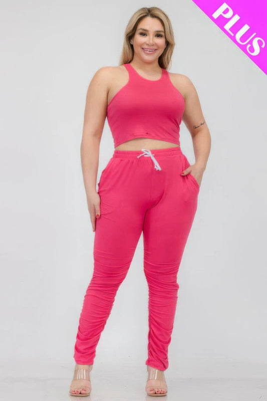 Plus Size Crop Tank Top & Ruched Pants Set Activewear jehouze Fuchsia 1XL