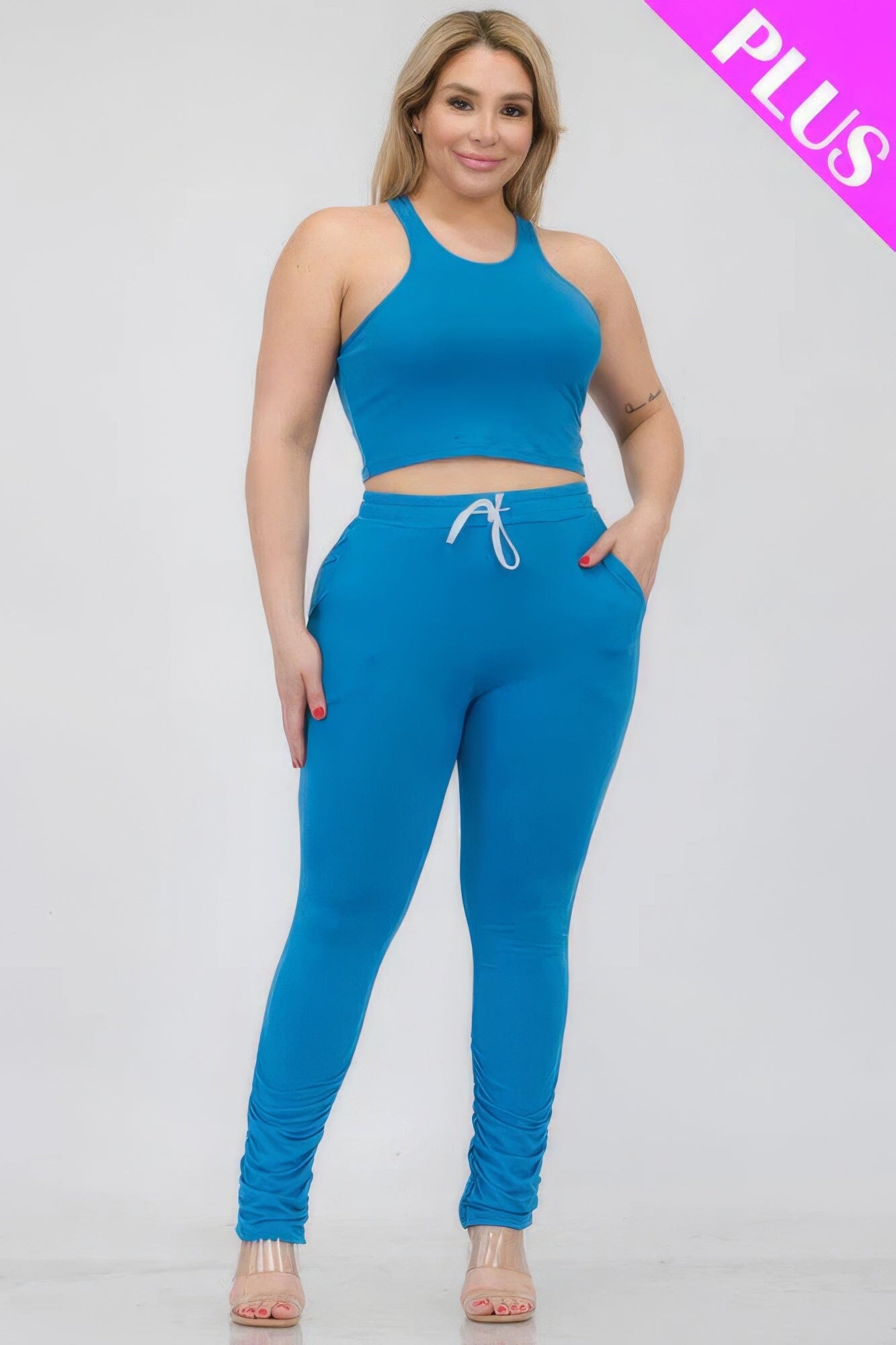 Plus Size Crop Tank Top & Ruched Pants Set Activewear jehouze Ibiza Blue 1XL