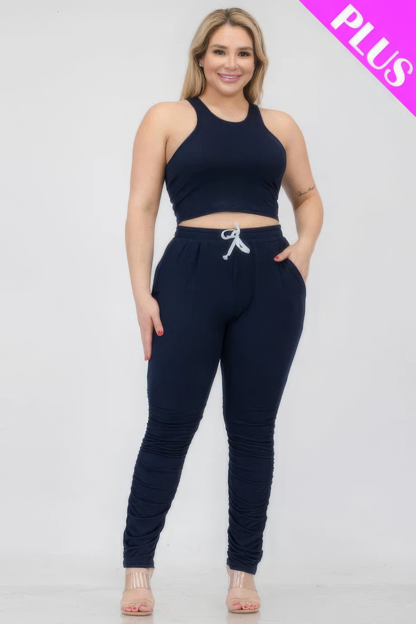 Plus Size Crop Tank Top & Ruched Pants Set Activewear jehouze Navy 1XL
