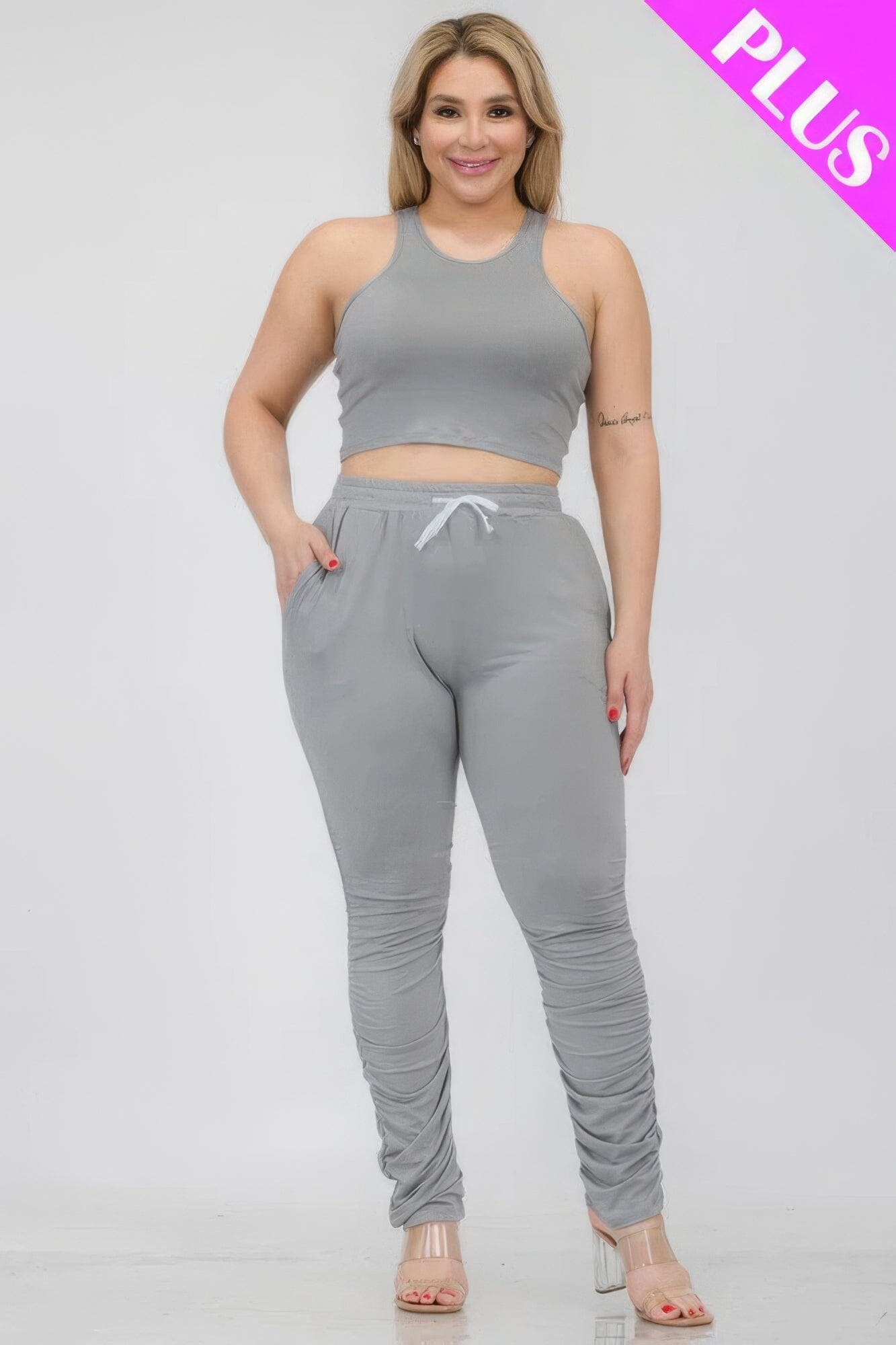Plus Size Crop Tank Top & Ruched Pants Set Activewear jehouze Ultimate Grey 1XL
