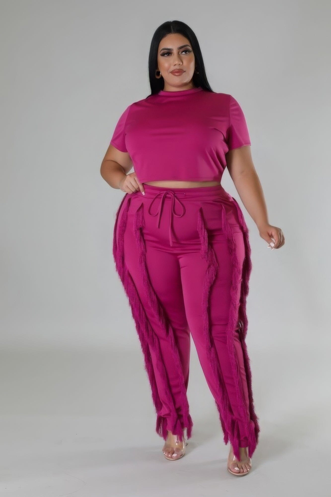 Plus Size Crop Top and high waisted pant Set Outfit Sets jehouze Berry 1XL