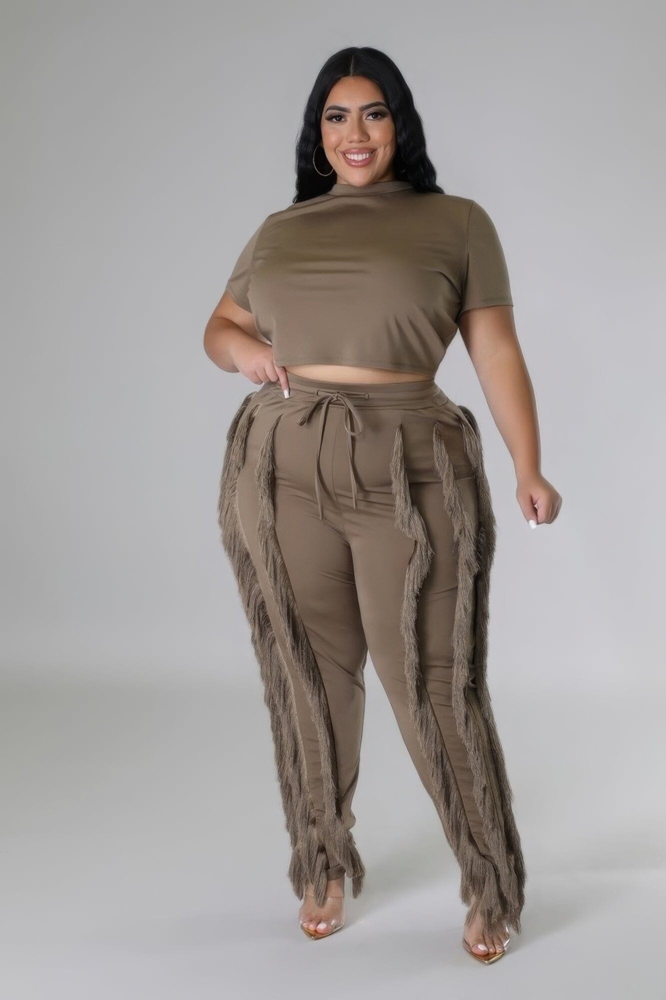 Plus Size Crop Top and high waisted pant Set Outfit Sets jehouze Mocha 1XL