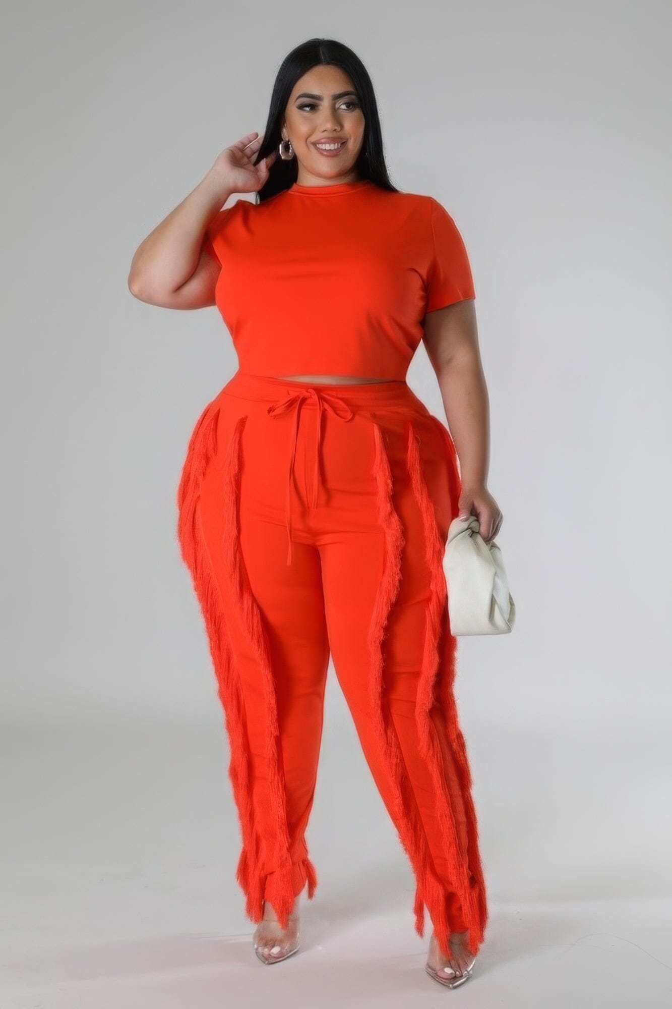 Plus Size Crop Top and high waisted pant Set Outfit Sets jehouze Orange 1XL