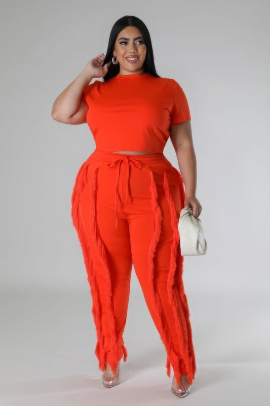 Plus Size Crop Top and high waisted pant Set Outfit Sets jehouze Orange 1XL
