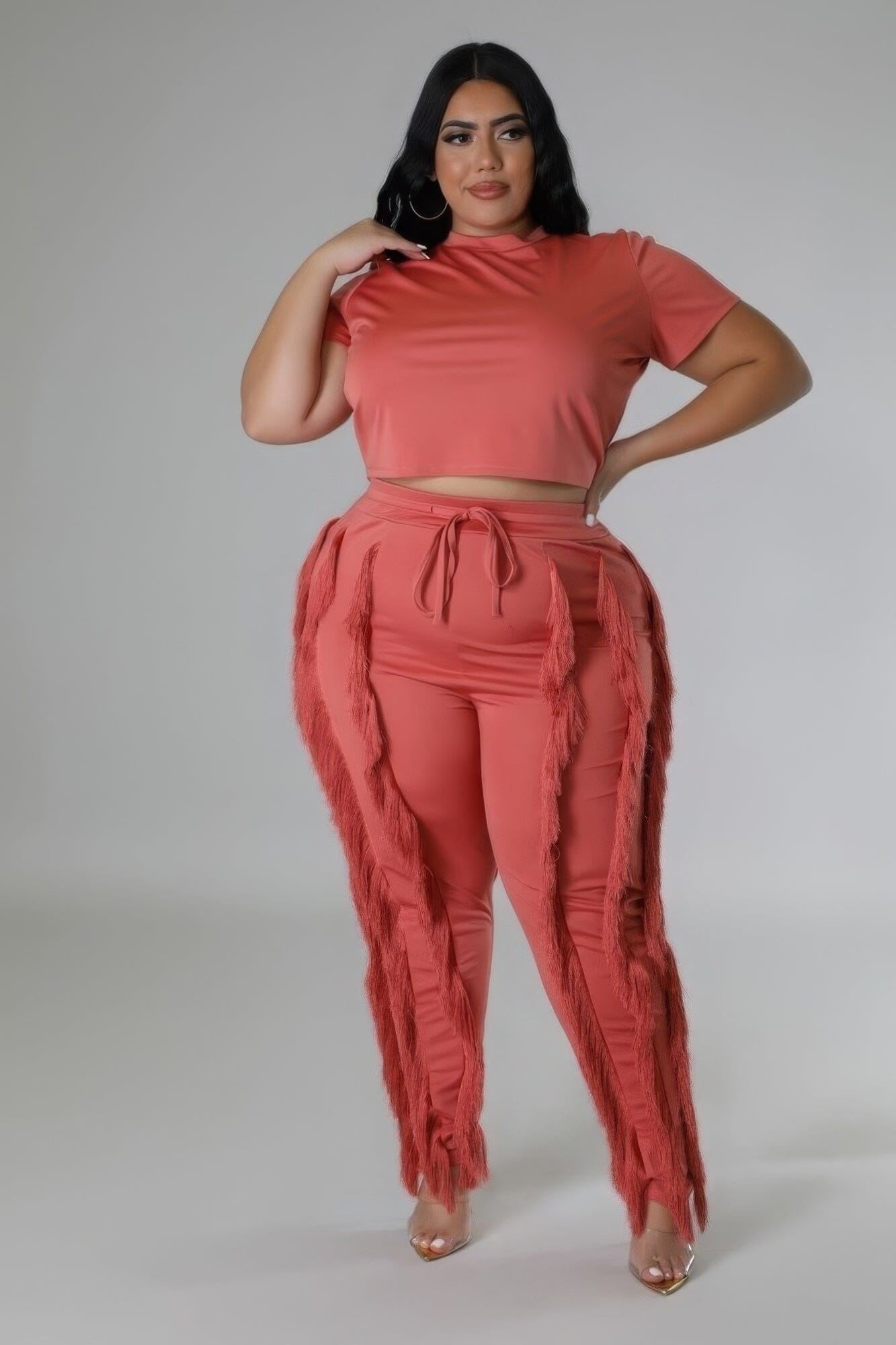 Plus Size Crop Top and high waisted pant Set Outfit Sets jehouze Salmon 1XL