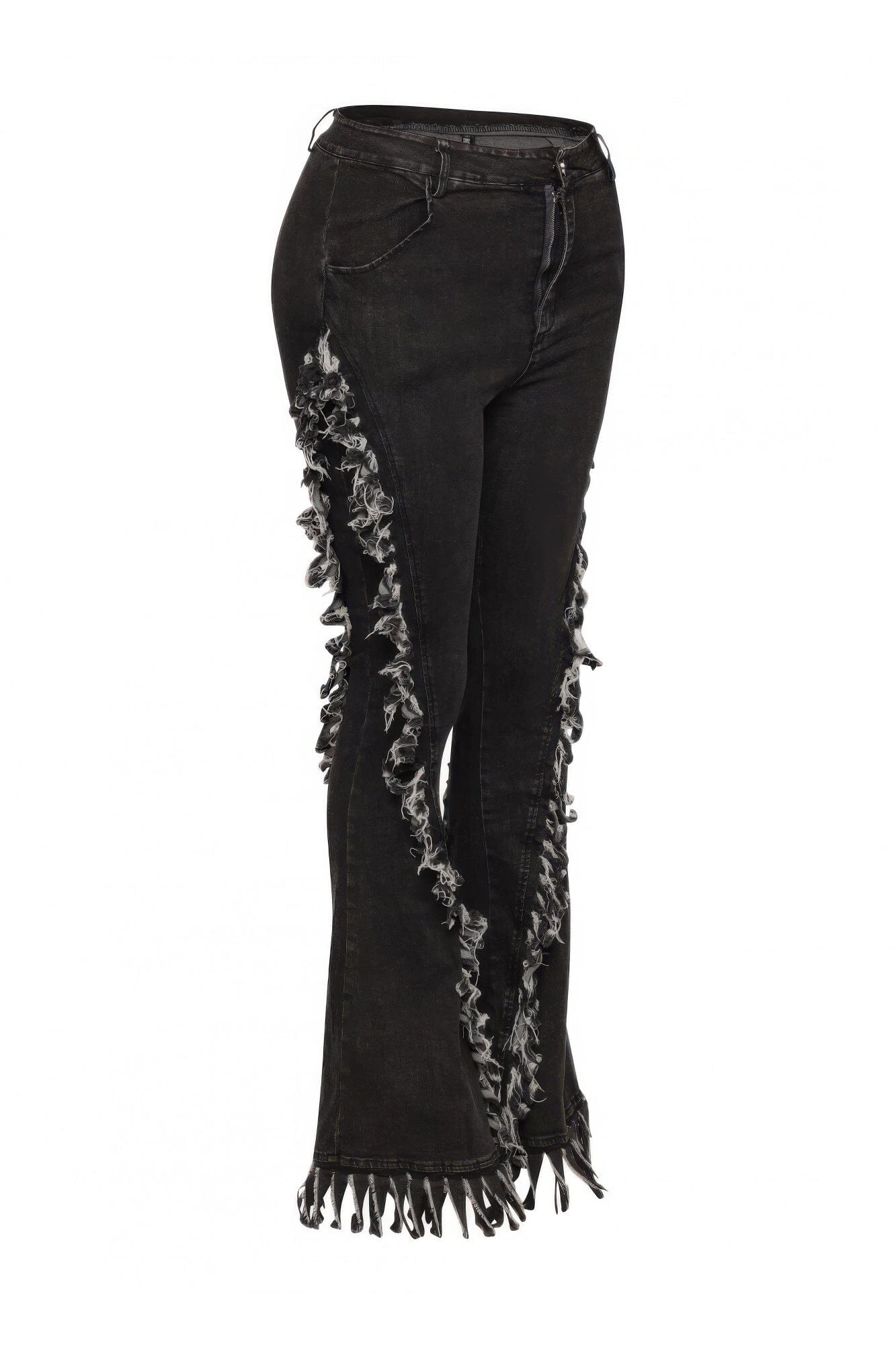 Plus Size Distressed Fringe Denim Flared Pant Pants jehouze