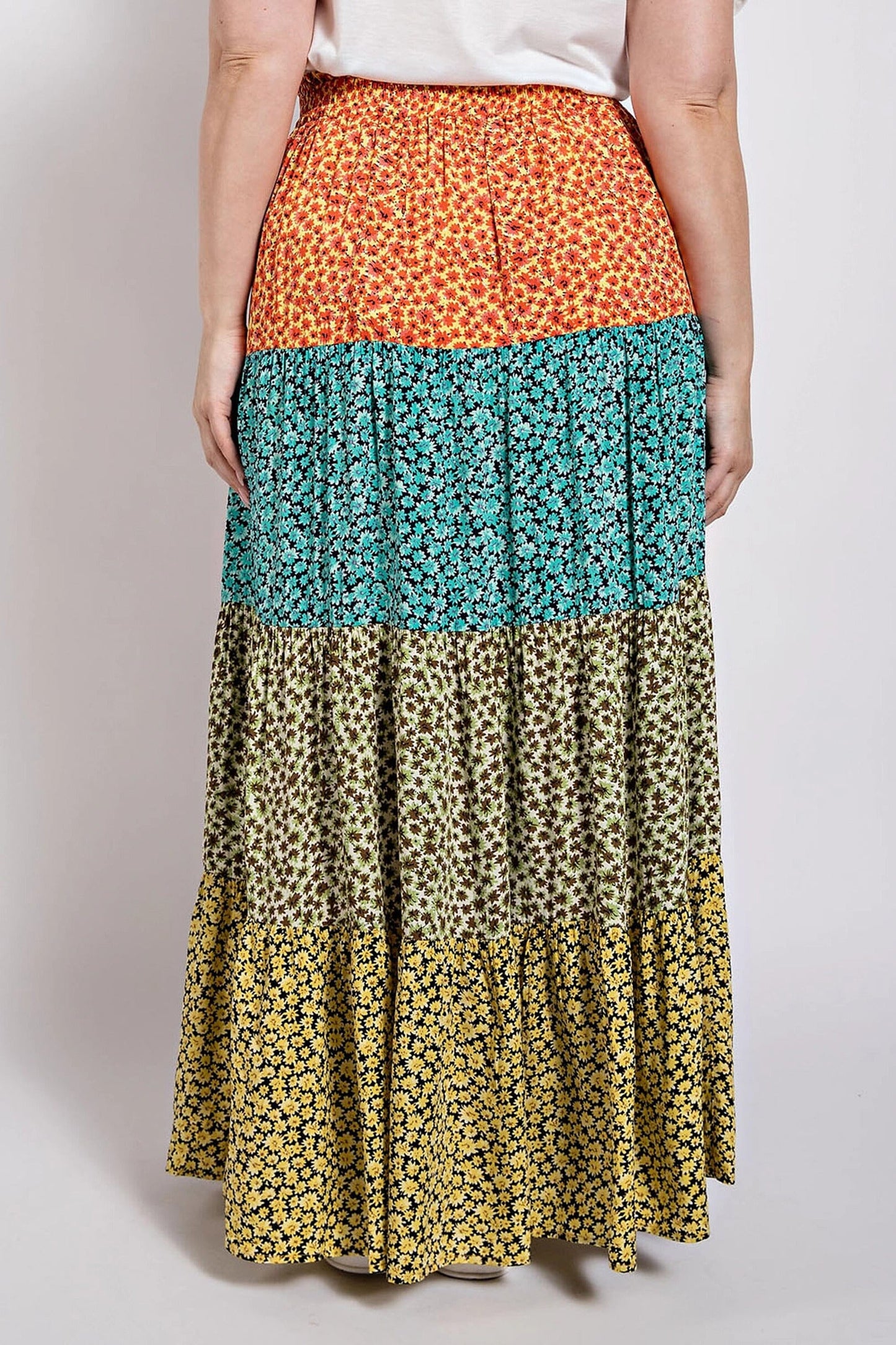 Plus Size Ditsy floral color block Maxi skirt with front slit Skirts jehouze