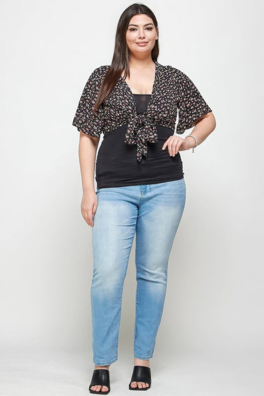 Plus Size Ditsy Floral Print Cropped Bolero Cardigan_ Outerwear jehouze