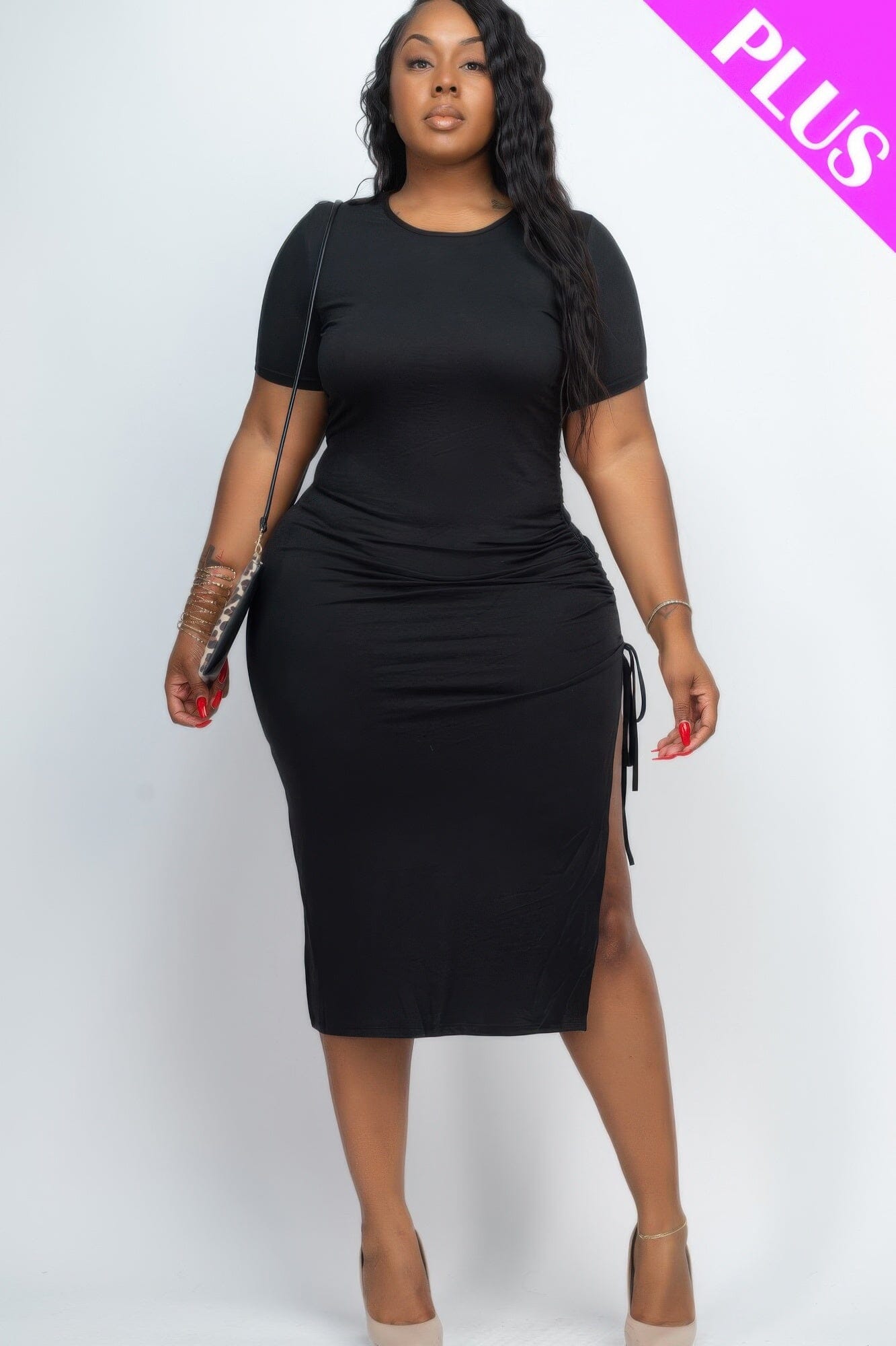 Plus Size Drawstring Ruched Side Split Hem Midi Dress Dresses jehouze Black 1XL