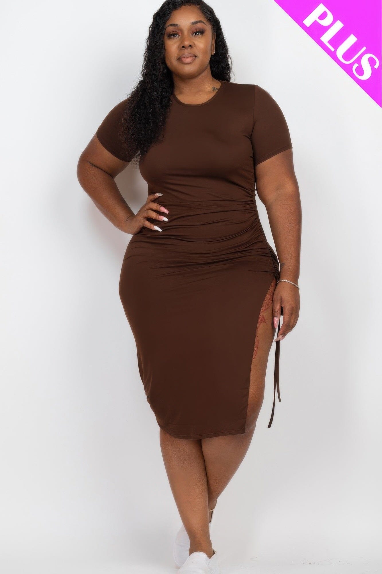 Plus Size Drawstring Ruched Side Split Hem Midi Dress Dresses jehouze Coffee 1XL