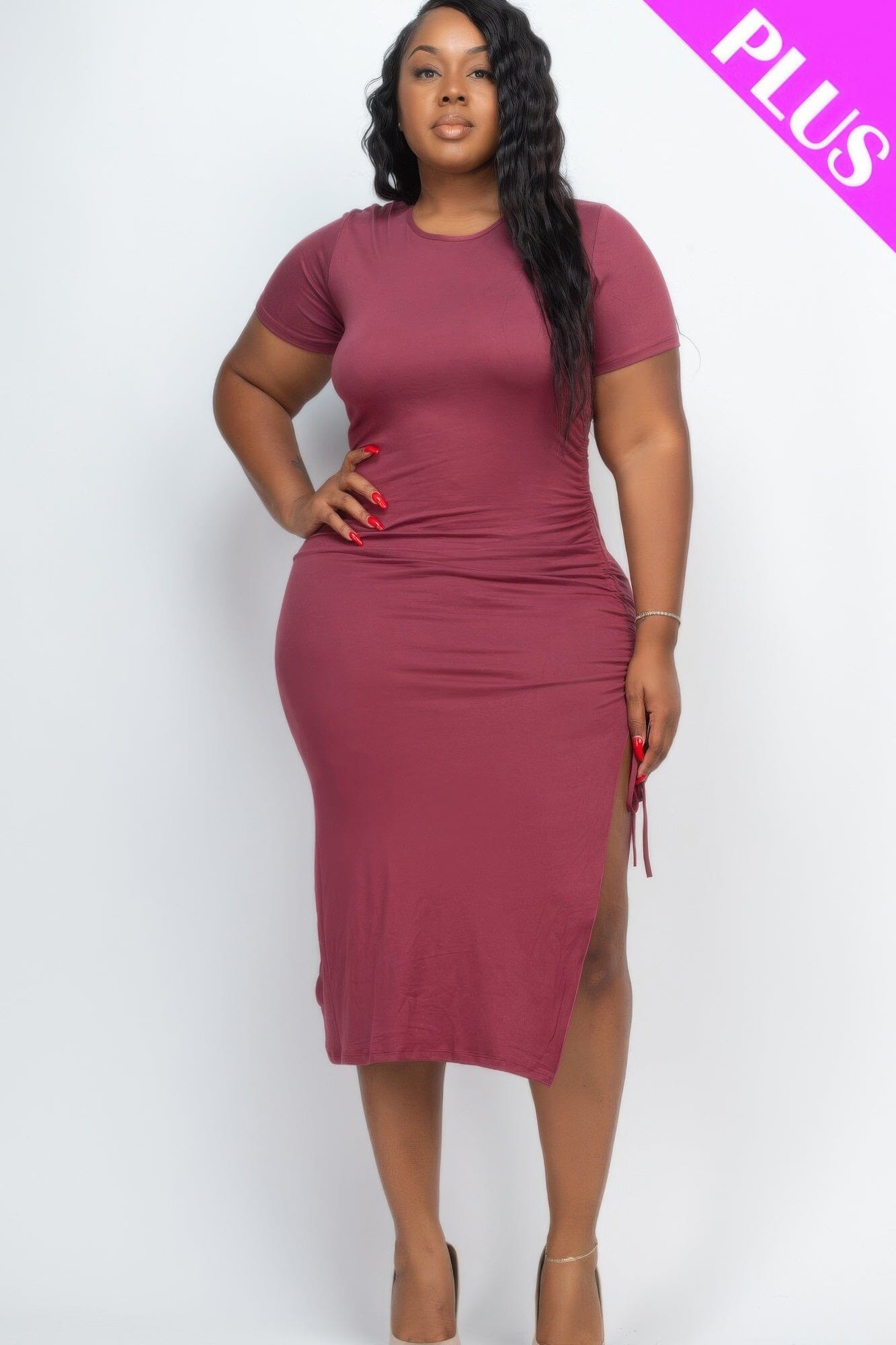 Plus Size Drawstring Ruched Side Split Hem Midi Dress Dresses jehouze Nocturne 1XL