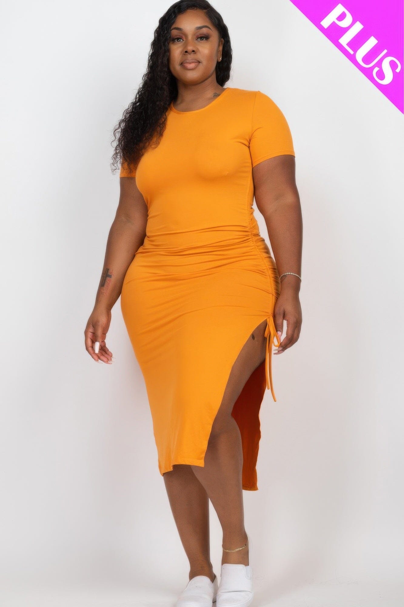 Plus Size Drawstring Ruched Side Split Hem Midi Dress Dresses jehouze Tomato cream 1XL
