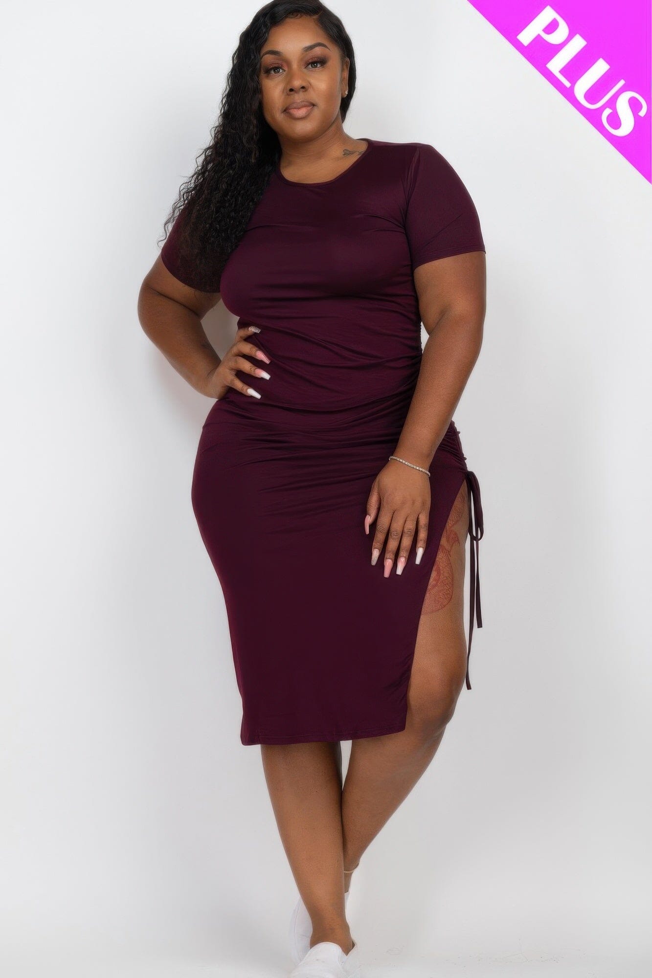 Plus Size Drawstring Ruched Side Split Hem Midi Dress Dresses jehouze Wine tasting 1XL
