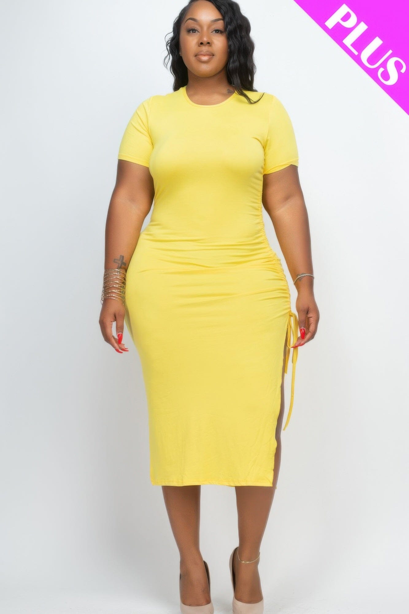 Plus Size Drawstring Ruched Side Split Hem Midi Dress Dresses jehouze Yellow 1XL