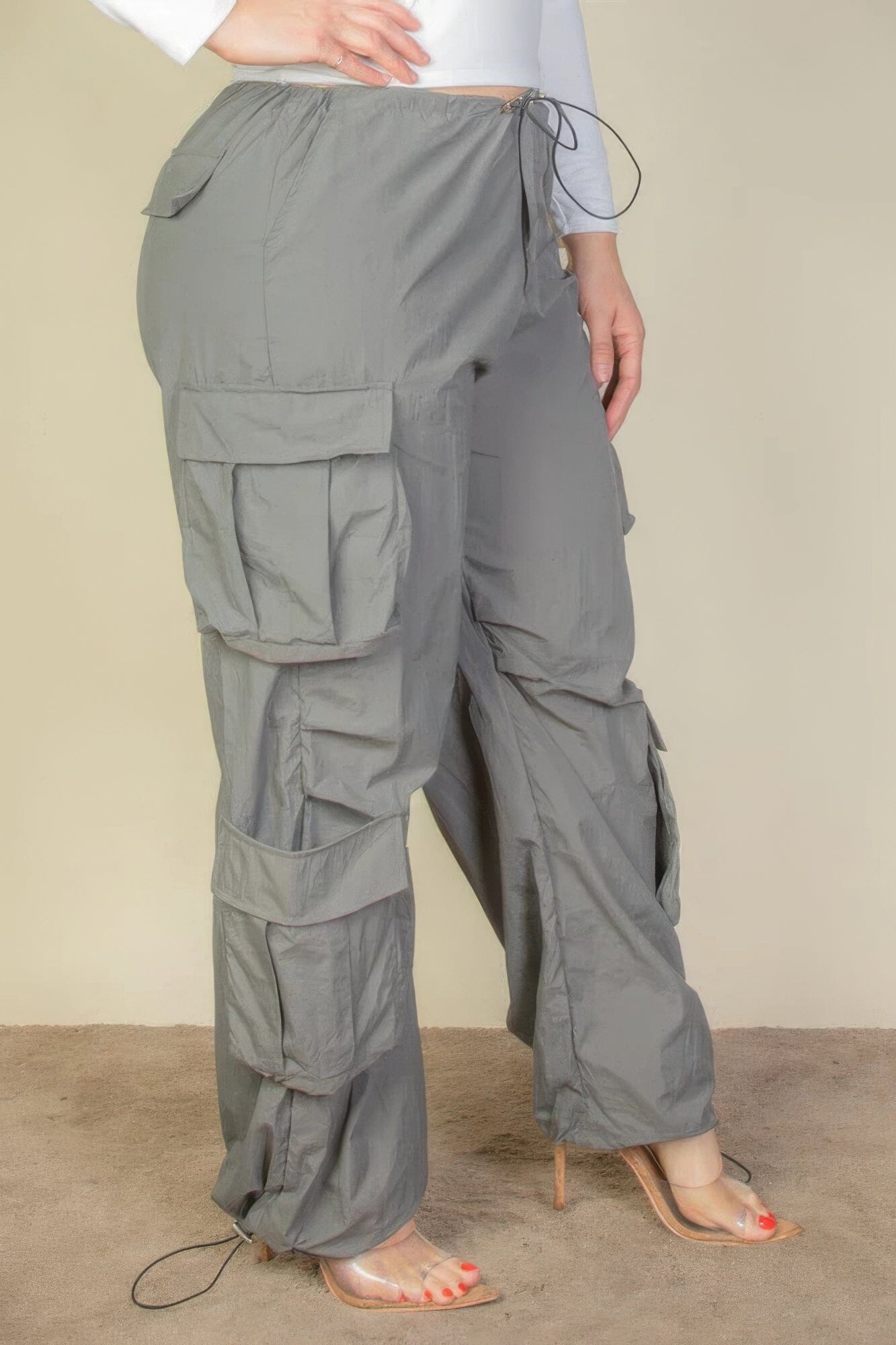 Plus Size Flap Pockets Drawstring Ruched Parachute Pants Pants jehouze