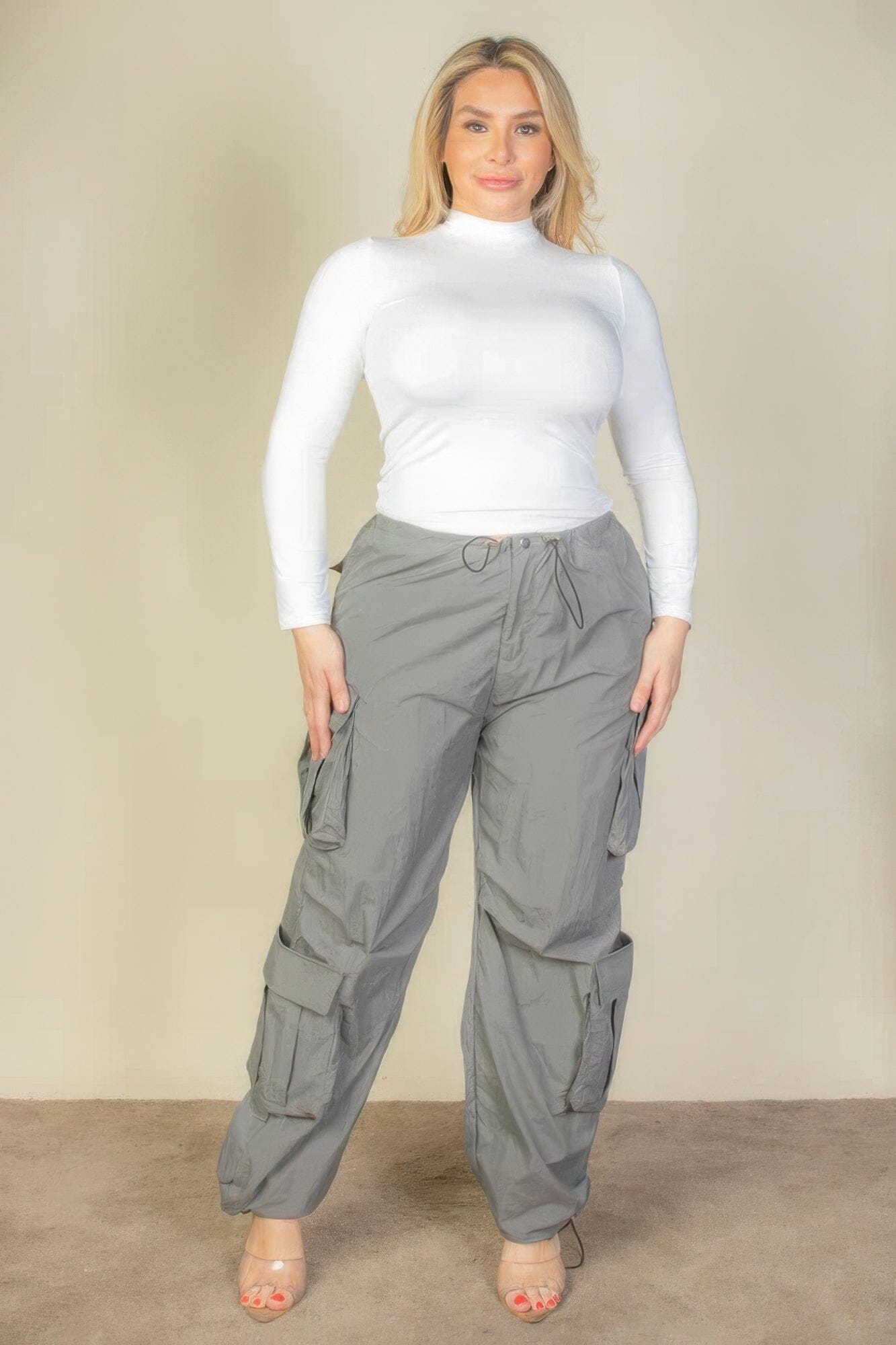 Plus Size Flap Pockets Drawstring Ruched Parachute Pants Pants jehouze