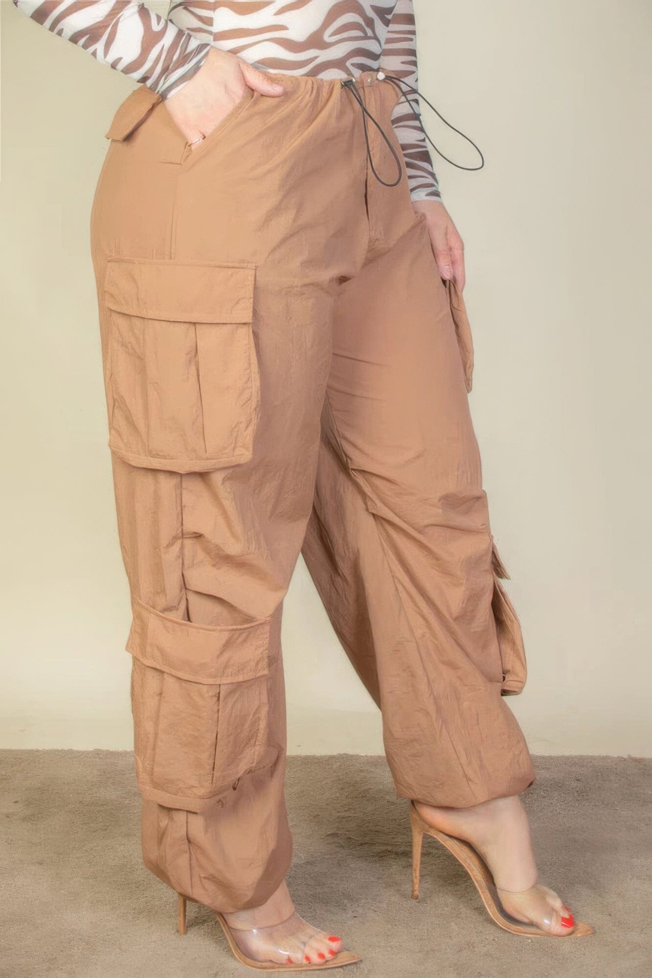 Plus Size Flap Pockets Drawstring Ruched Parachute Pants Pants jehouze