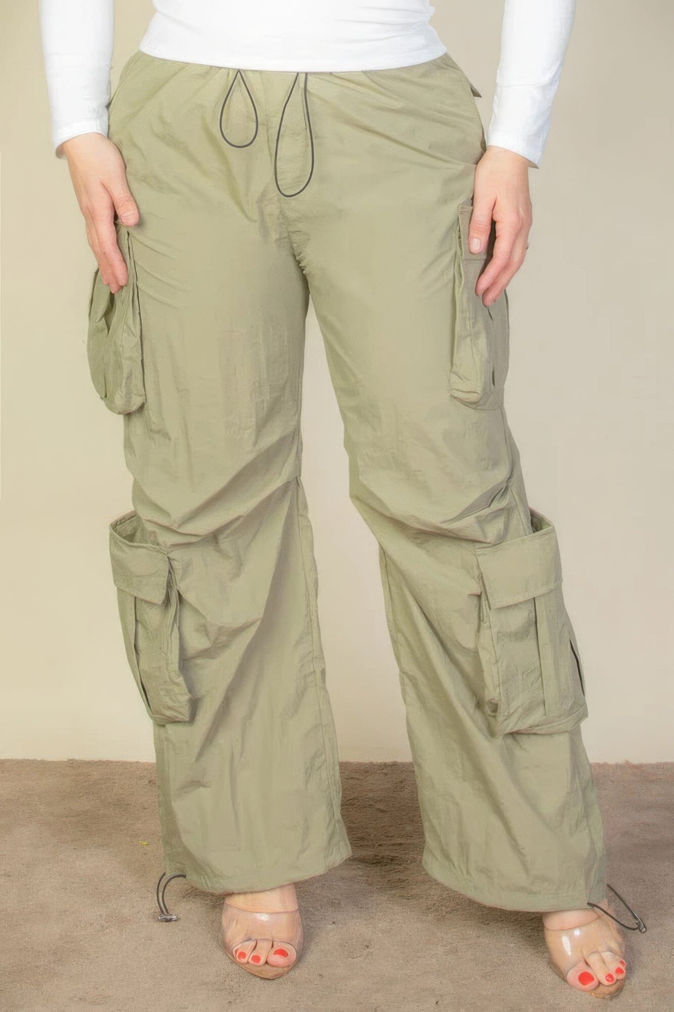 Plus Size Flap Pockets Drawstring Ruched Parachute Pants Pants jehouze Olive Green 1XL