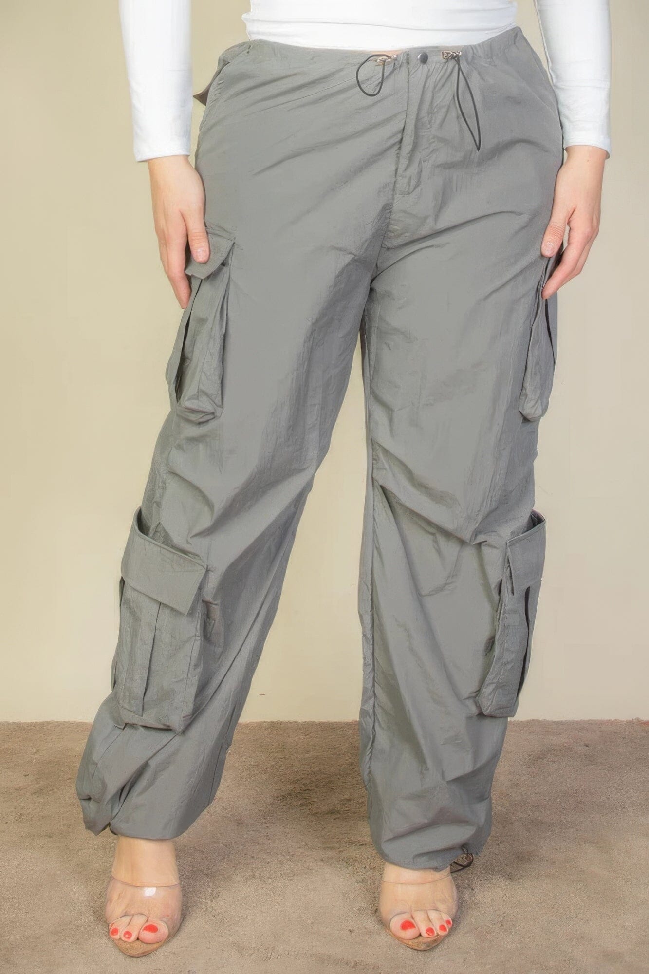 Plus Size Flap Pockets Drawstring Ruched Parachute Pants Pants jehouze Steel Grey 1XL