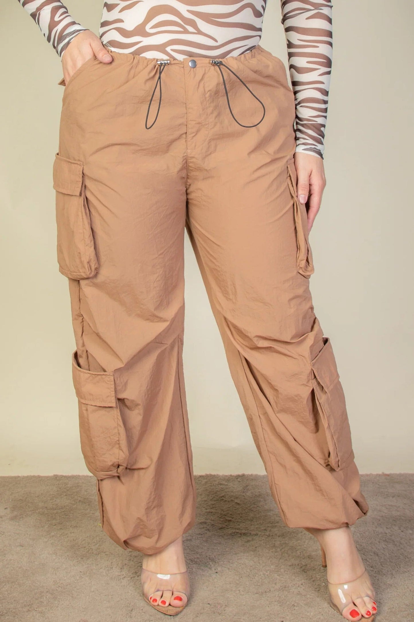 Plus Size Flap Pockets Drawstring Ruched Parachute Pants Pants jehouze Sugar Brown 1XL