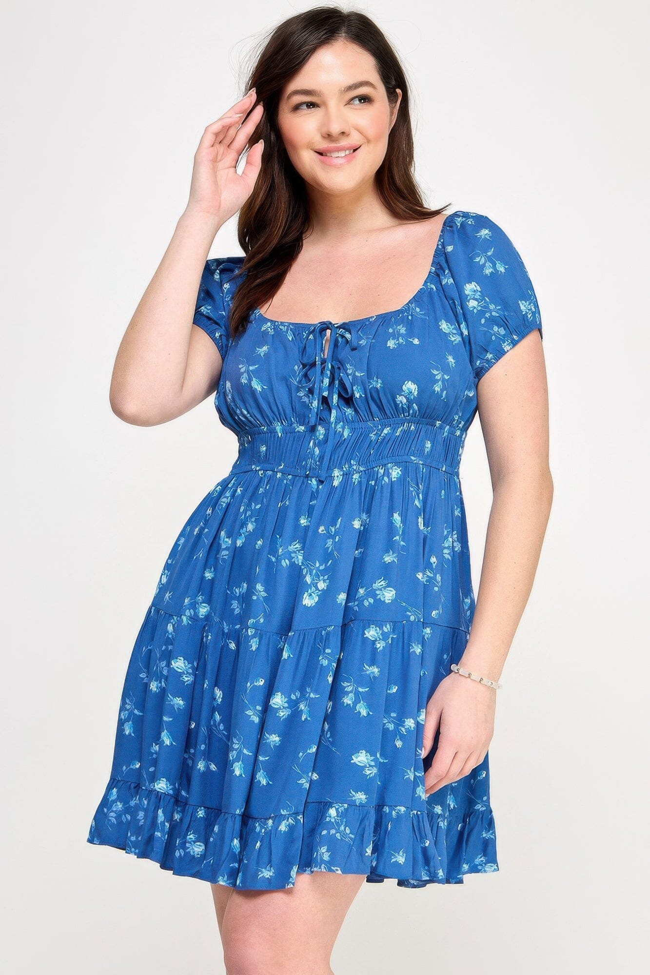 Plus Size Floral Front-tie Elastic Waist Ruffle Dress Dresses jehouze