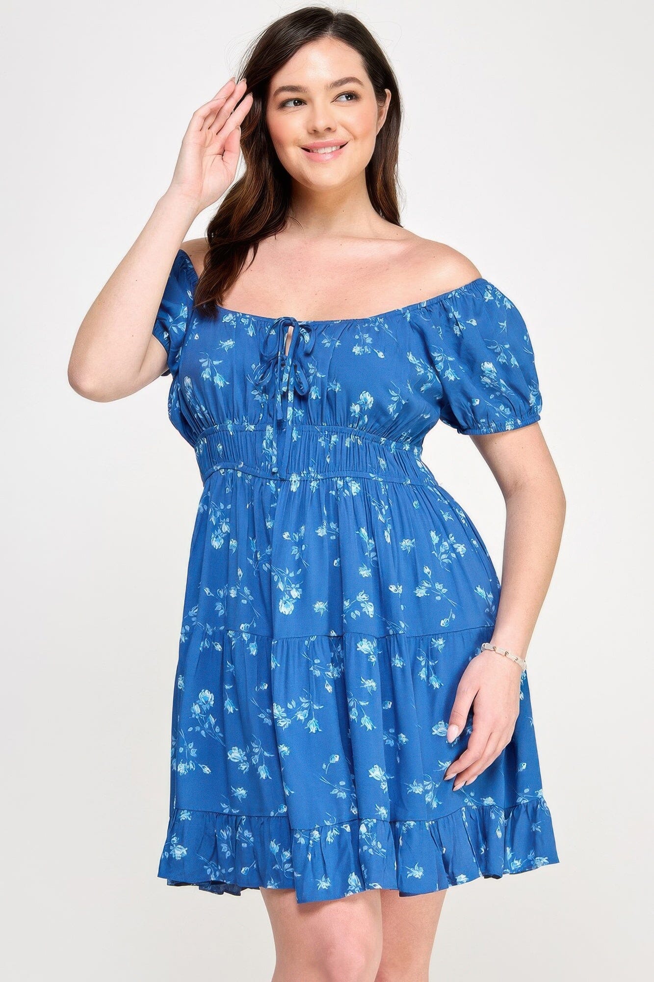 Plus Size Floral Front-tie Elastic Waist Ruffle Dress Dresses jehouze